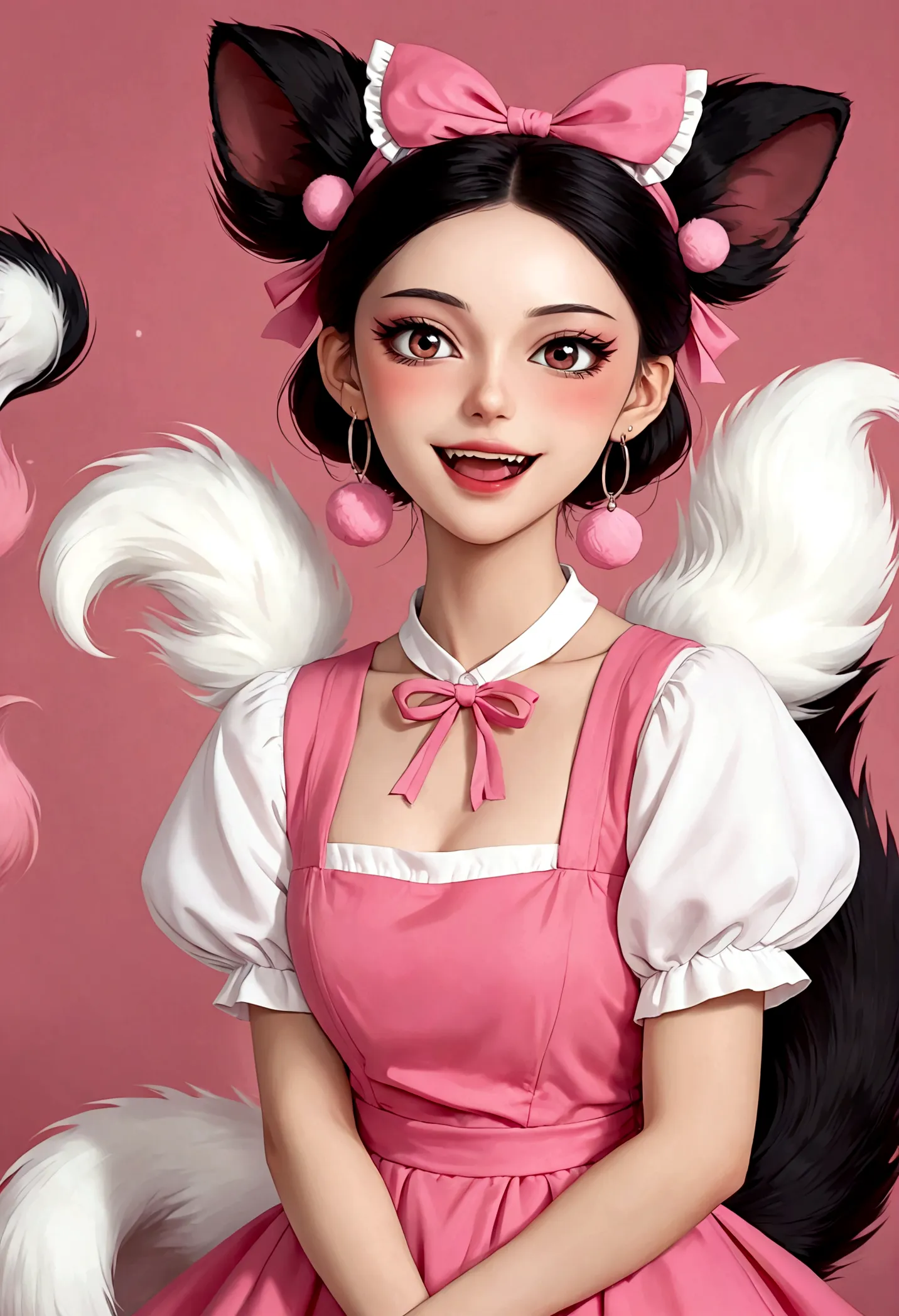 beautiful face，beautiful eyes，pink eyeshadow，laughing out loud，fangs，(((big fluffy tail)))，black high bun，forehead hair，pink pom...