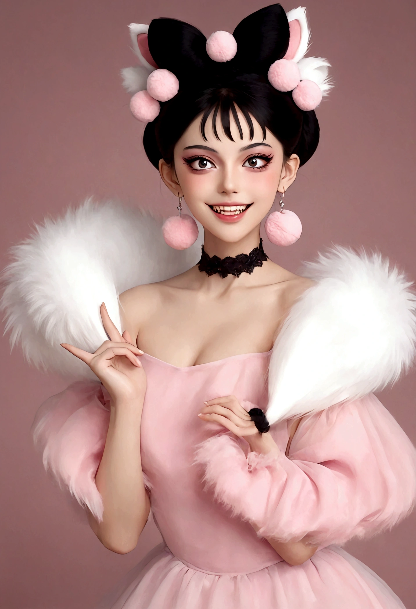 beautiful woman,detailed eyes,gorgeous makeup,pink eyeshadow,wide open smile,sharp fangs,large fluffy tail,voluminous black high bun,wispy bangs,pink fluffy pom pom earrings,high collar pink maid dress,bare shoulders,midriff exposed,multilayered lace frills,hand gestures,magic spell,(best quality,4k,8k,highres,masterpiece:1.2),ultra-detailed,(realistic,photorealistic,photo-realistic:1.37),vibrant colors,dramatic lighting，Fluffy fox tail