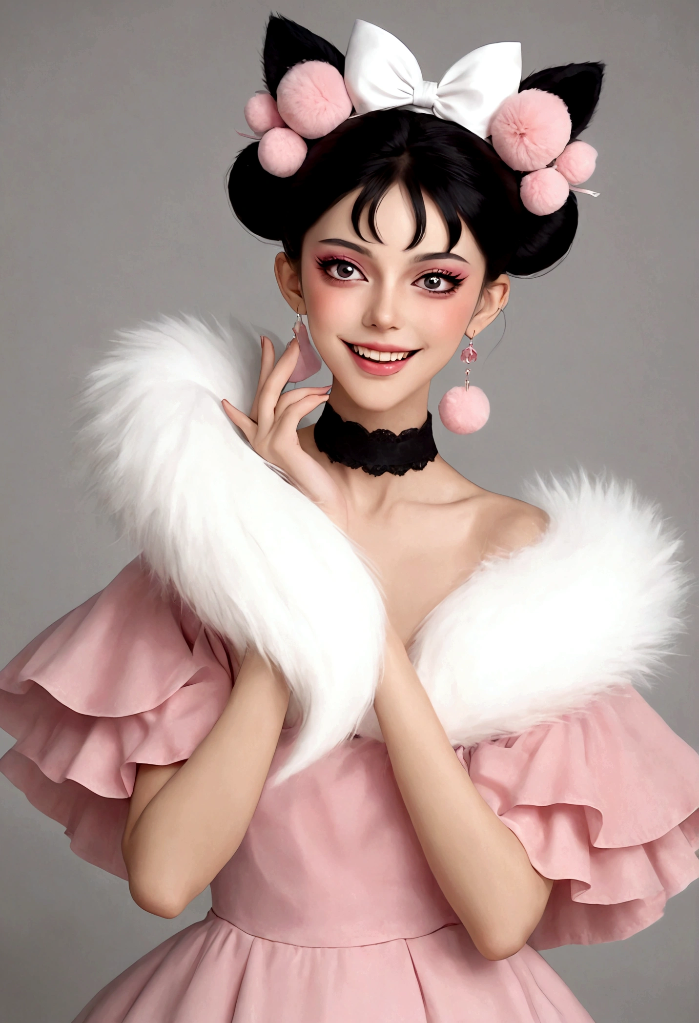 beautiful woman,detailed eyes,gorgeous makeup,pink eyeshadow,wide open smile,sharp fangs,large fluffy tail,voluminous black high bun,wispy bangs,pink fluffy pom pom earrings,high collar pink maid dress,bare shoulders,midriff exposed,multilayered lace frills,hand gestures,magic spell,(best quality,4k,8k,highres,masterpiece:1.2),ultra-detailed,(realistic,photorealistic,photo-realistic:1.37),vibrant colors,dramatic lighting，Fluffy fox tail