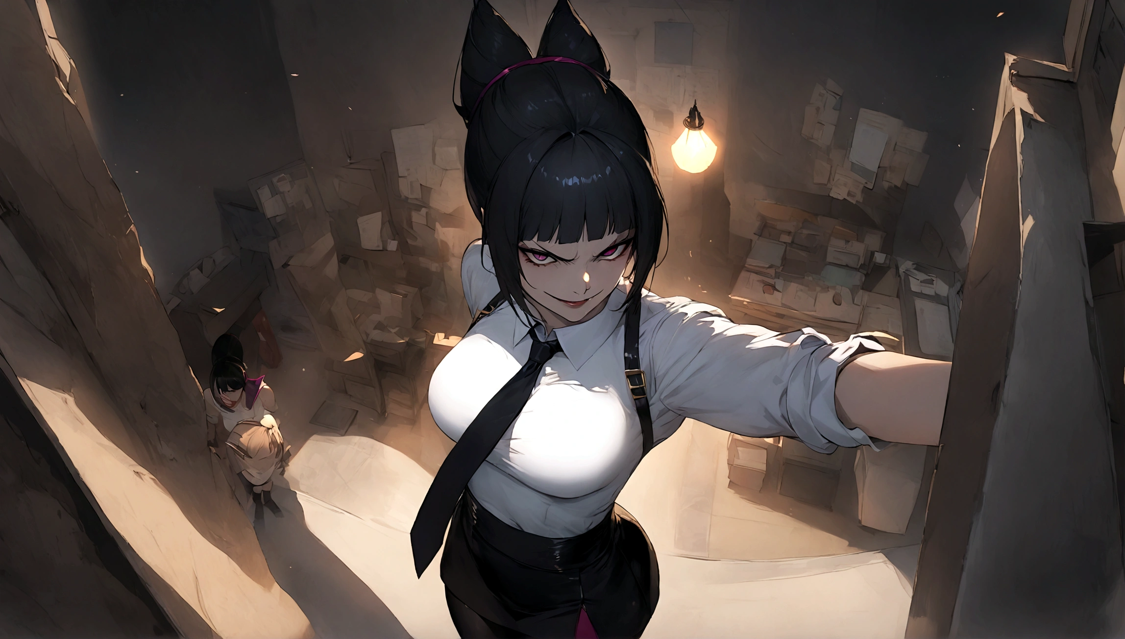 juri han, work of art, tight white secretary shirt with black tie, black high waist skirt, short skirt,stocking, black hair, black tights,evil smile,office,franja nos olhos,lighting,chifre de cabelos,view from above,olhando para cima
