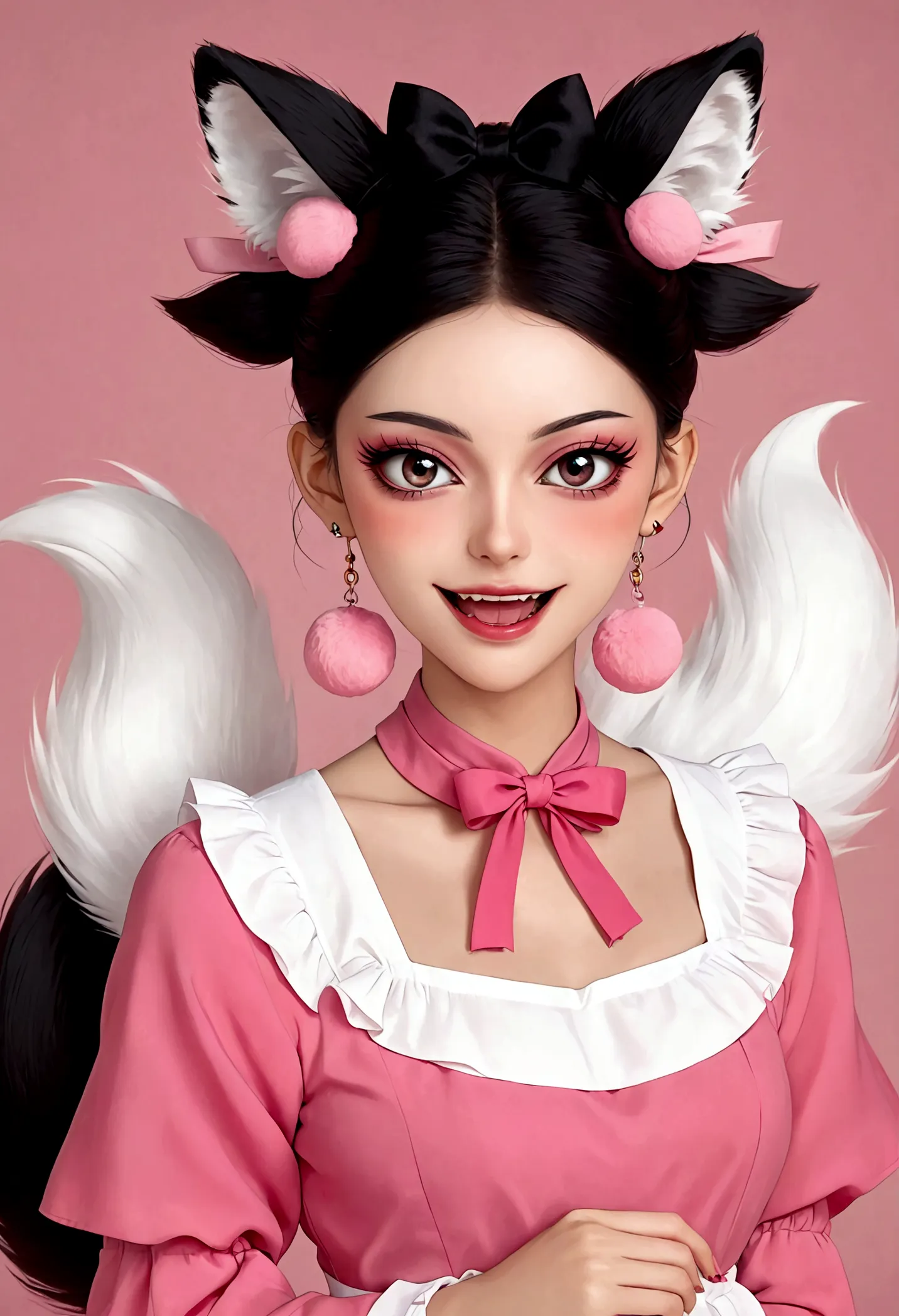 beautiful face，beautiful eyes，pink eyeshadow，laughing out loud，fangs，(((9 big, fluffy tails)))，black high bun，pink pompom earrin...