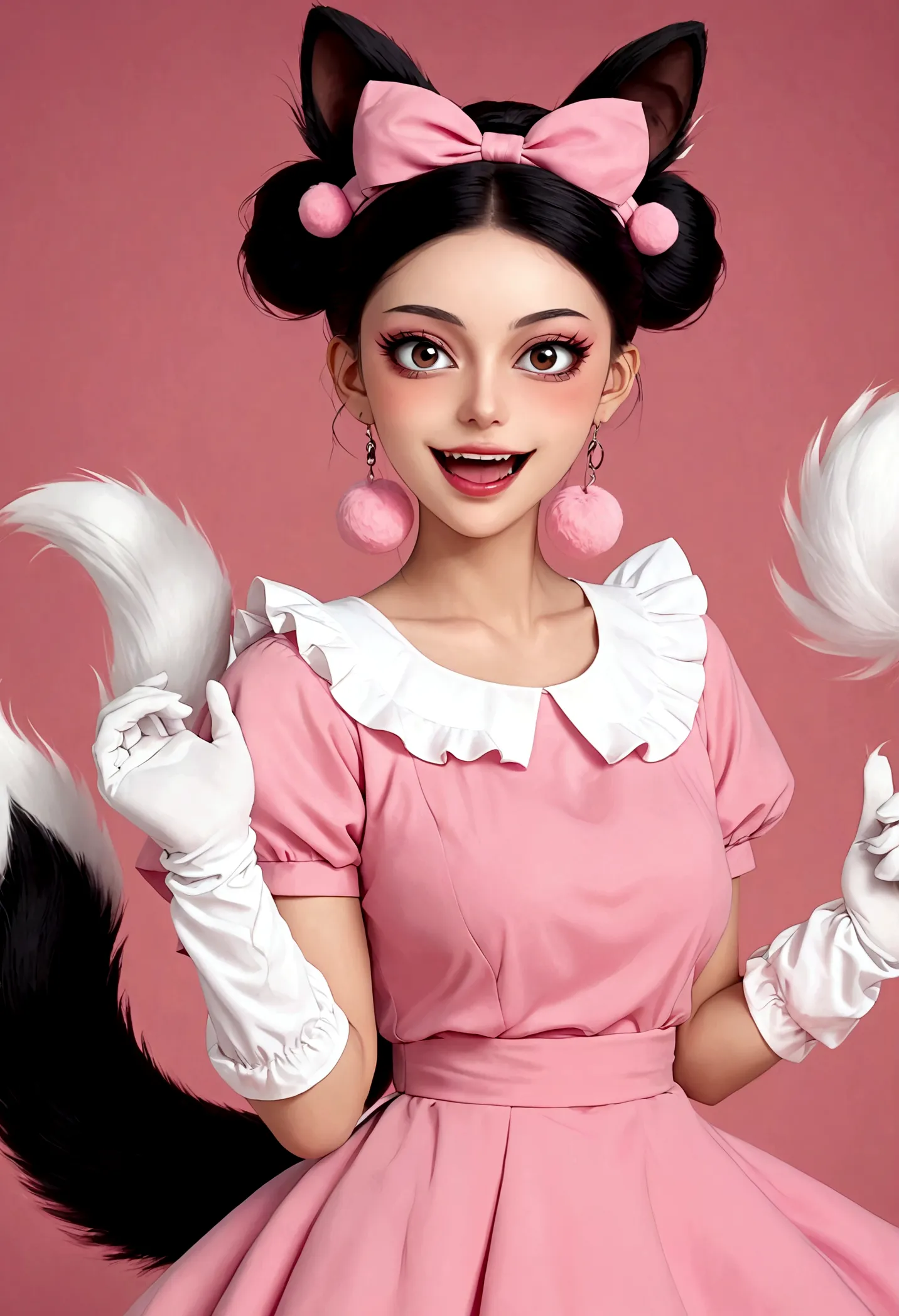 beautiful face，beautiful eyes，pink eyeshadow，laughing out loud，fangs，(((9 big, fluffy tails)))，black high bun，pink pompom earrin...