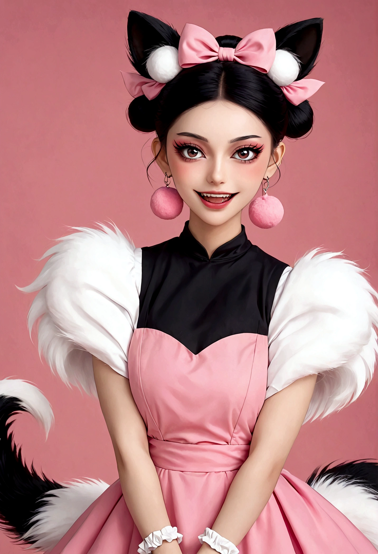 Beautiful face，beautiful eyes，Pink Eyeshadow，laughing out loud，Fangs，(((9 big, fluffy tails)))，Black high bun，Pink pompom earrings，Pink maid outfit，