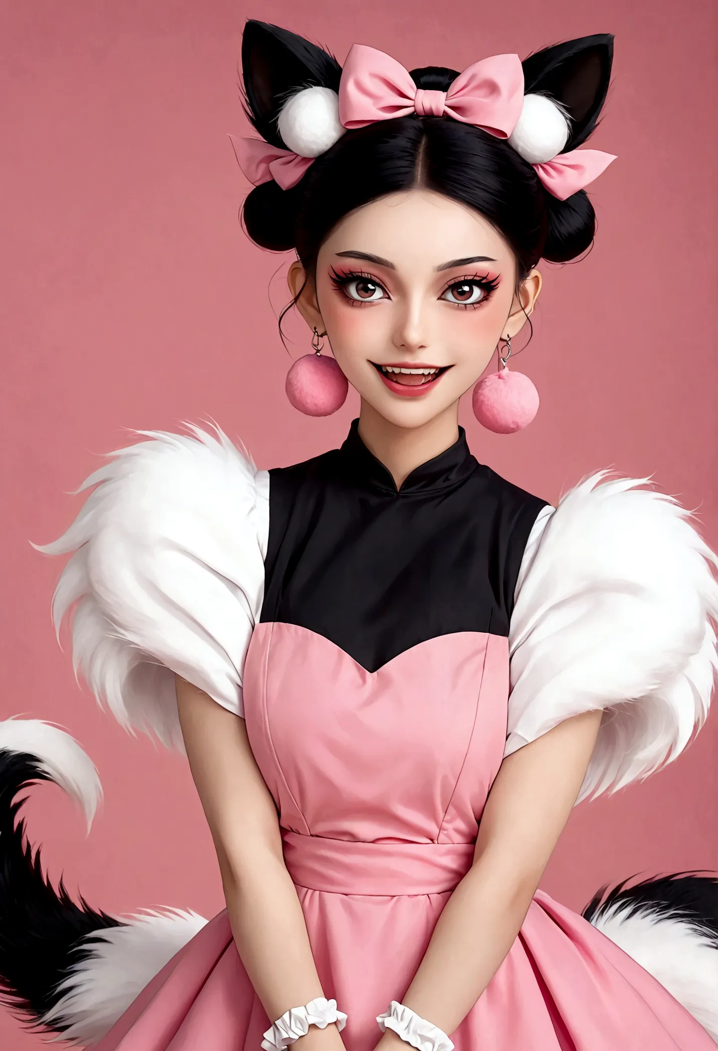 beautiful face，beautiful eyes，pink eyeshadow，laughing out loud，fangs，(((9 big, fluffy tails)))，black high bun，pink pompom earrin...