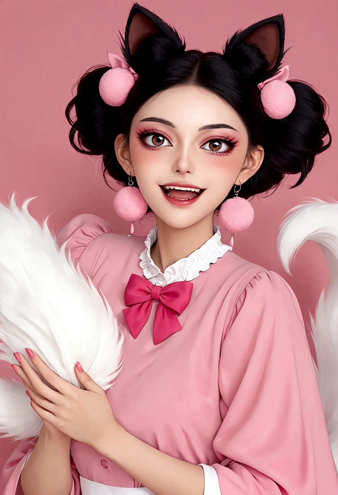 beautiful face，beautiful eyes，pink eyeshadow，laughing out loud，fangs，(((9 big, fluffy tails)))，black high bun，pink pompom earrin...