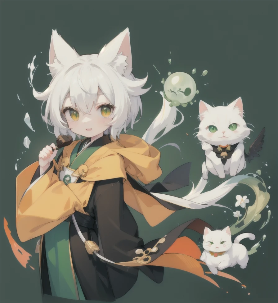 Yi，White cat，There is a round green jade stone on the chest，Wearing black and orange robes