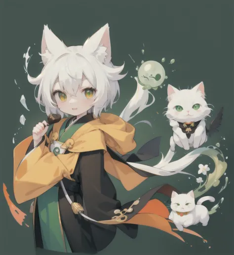 yi，white cat，there is a round green jade stone on the chest，wearing black and orange robes