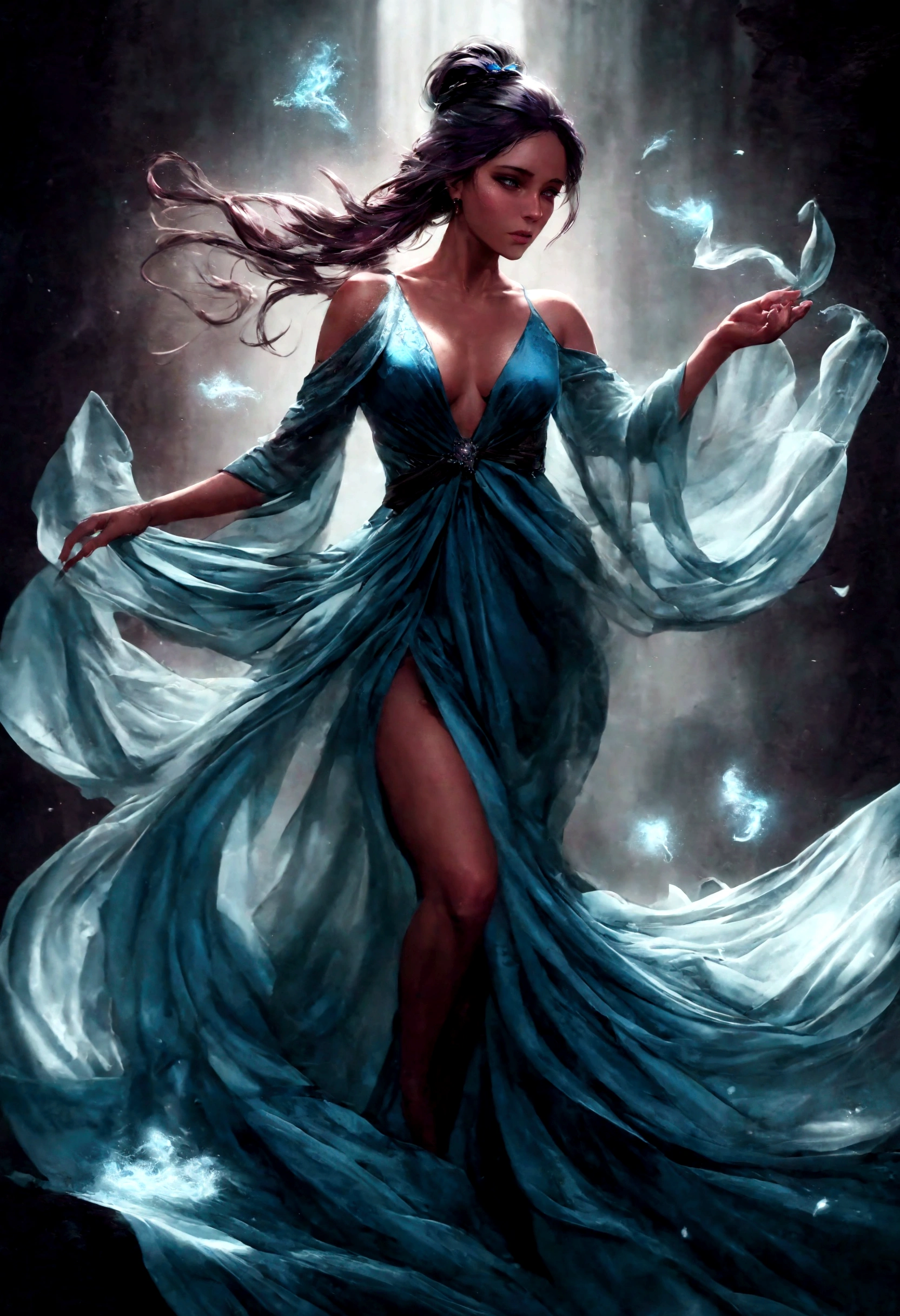 Arafed Frau in einem blauen Kleid mit einem fließenden Rock, Grafikerin Magali Villeneuve, Kunst des Wlop and greg rutkowski, Kunst des Wlop, Charlie Bowater Charakterkunst, wlop kunst, Charlie Bowater satte, tiefe Farben, inspiriert von Magali Villeneuve, Kunststil von Charlie Bowater, Stil von Charlie Bowater