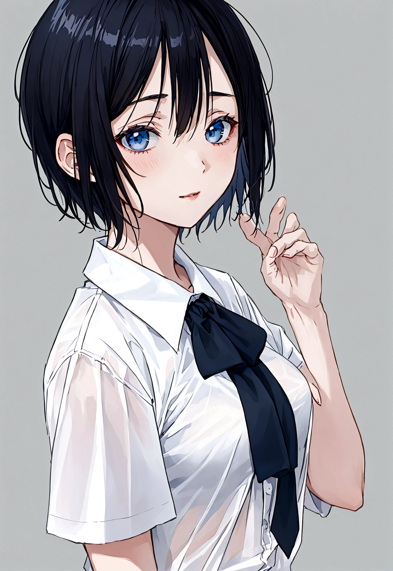 perfect face, 1 girl, short hair, dark blue, mature girl, smal breast, white shirt 