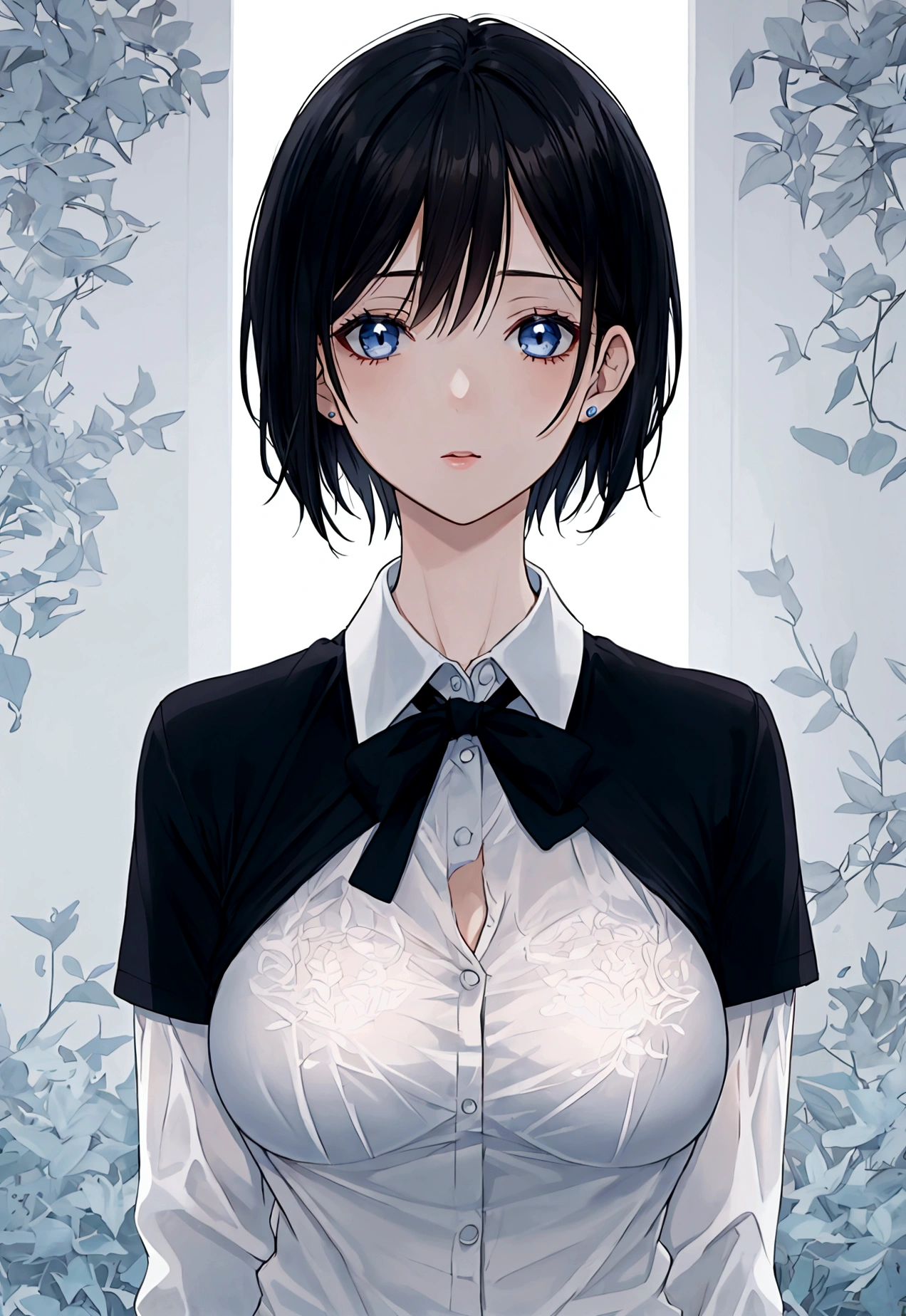 perfect face, 1 girl, short hair, dark blue, mature girl, smal breast, white shirt 