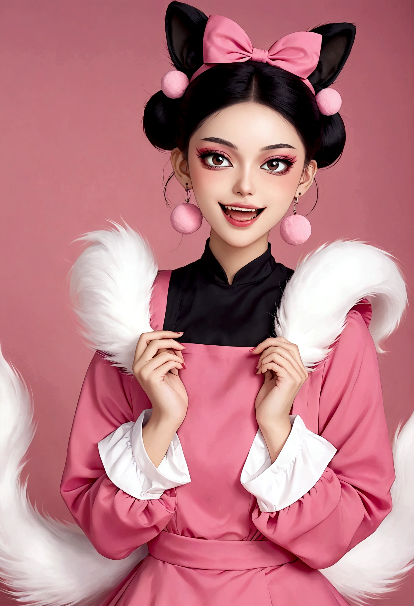 Beautiful face，beautiful eyes，Pink Eyeshadow，laughing out loud，Fangs，(((9 big, fluffy tails)))，Black high bun，Pink pompom earrings，Pink maid outfit，