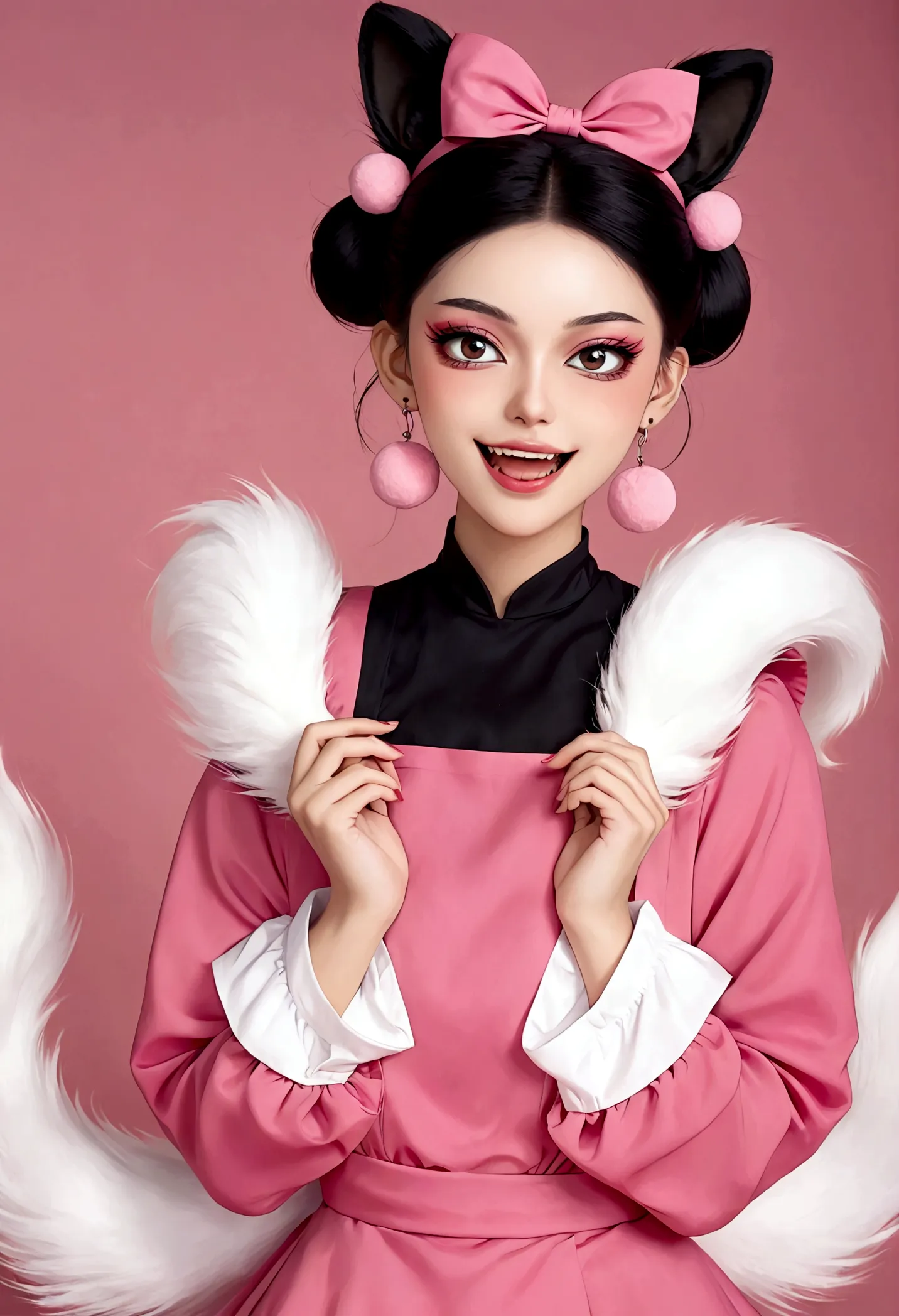 beautiful face，beautiful eyes，pink eyeshadow，laughing out loud，fangs，(((9 big, fluffy tails)))，black high bun，pink pompom earrin...