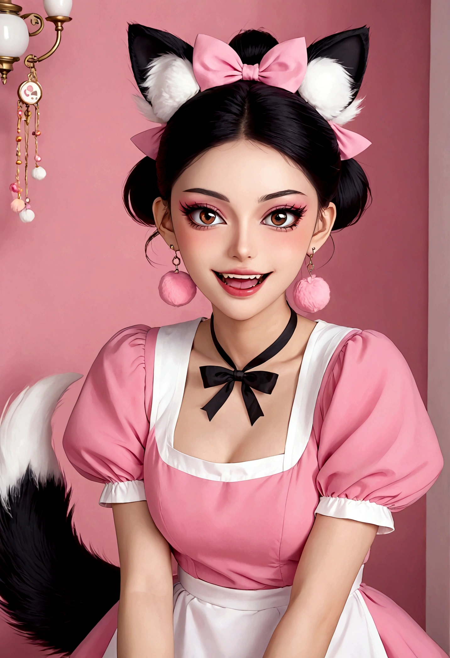 Beautiful face，beautiful eyes，Pink Eyeshadow，laughing out loud，Fangs，(((9 big, fluffy tails)))，Black high bun，Pink pompom earrings，Pink maid outfit，