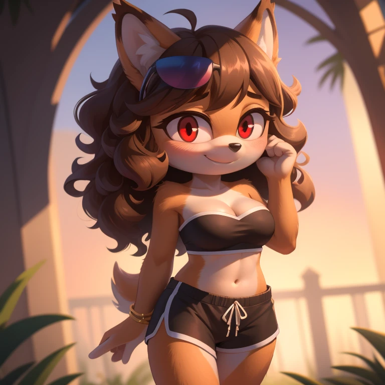 mobian, hedgehog, two-tone fur ((orange fur, brown fur)), pyjama elastic shorts, strapless crop top, cleavage, high-top sneakers, two-tone hair (brown hair, black tip)), curly hair, halo, sunglasses, jewelry, red eyes, longeyelashes, red eyes, smile, shy, blush, high detail, masterpiece, UHD, anatomically correct, super detail, highres, 4K