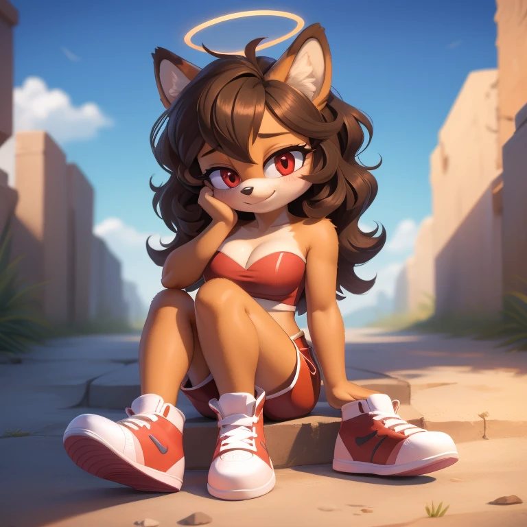 mobian, hedgehog, two-tone fur ((orange fur, brown fur)), pyjama elastic shorts, strapless crop top, cleavage, high-top sneakers, two-tone hair (brown hair, black tip)), curly hair, halo, sunglasses, jewelry, red eyes, longeyelashes, red eyes, smile, shy, blush, high detail, masterpiece, UHD, anatomically correct, super detail, highres, 4K