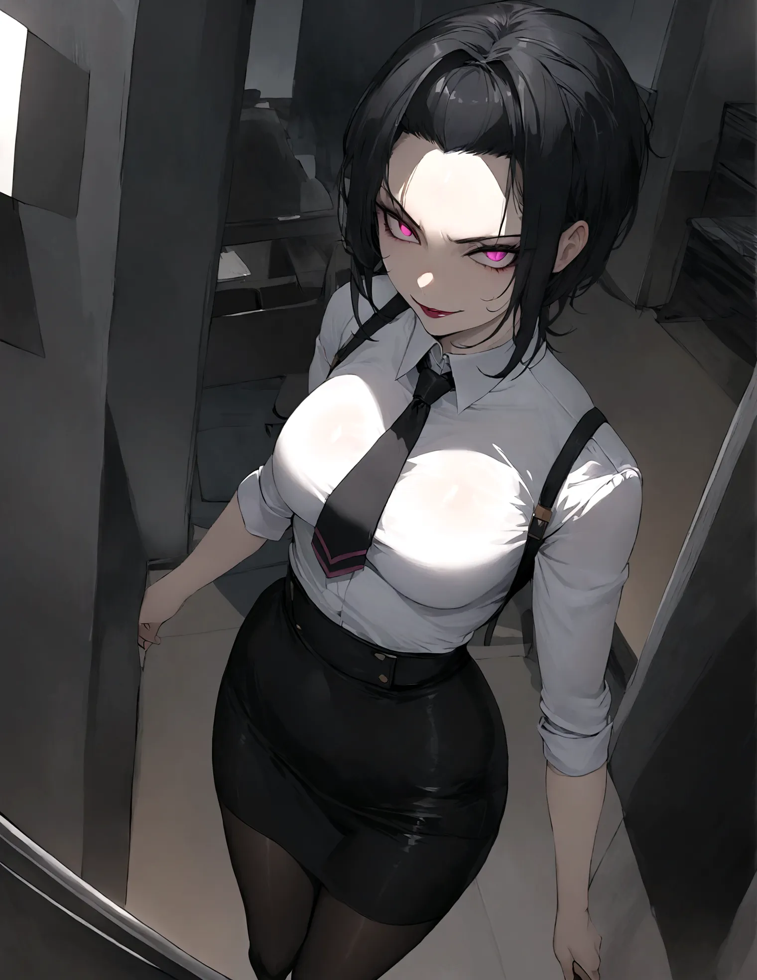 juri han, work of art, tight white secretary shirt with black tie, black high waist skirt, short skirt,stocking, black hair, bla...