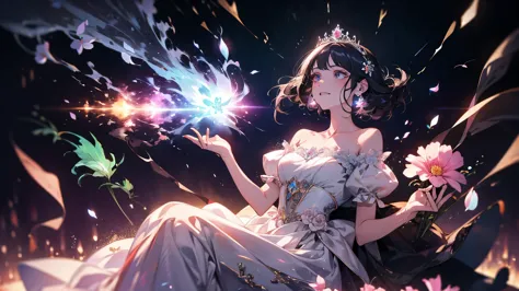 princess, flowers, glowing dress, sitting on a box, , blood, floating hair, epic, flood, anger, Psychedelics effects, meteor, co...
