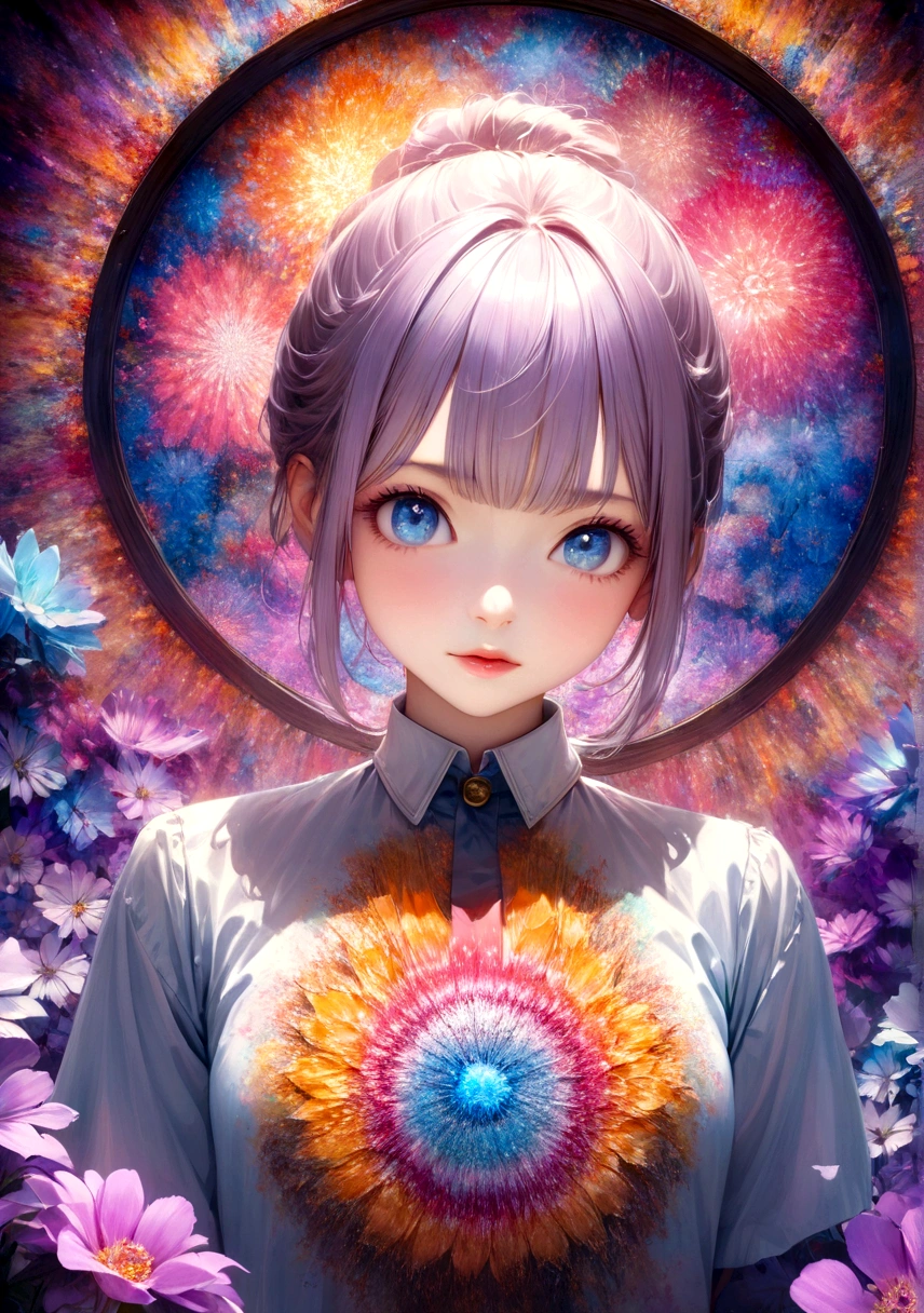 Psychedelic world、Commemorative photo、Rough shirt、1 cute girl、18-year-old girl、Big light blue eyes、Updo with bangs、Light violet hair、Framing above the chest、Colorful gel background、Fractal Flower Background、Perfect lighting、Sharp focus、High resolution、High resolution、High color rendering、High resolution、Ultra-realistic、Photorealistic 