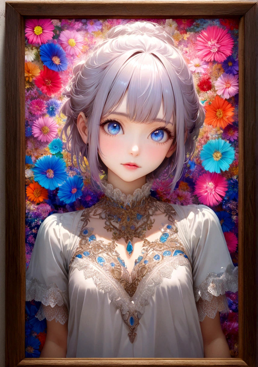 Psychedelic world、Commemorative photo、Rough shirt、1 cute girl、18-year-old girl、Big light blue eyes、Updo with bangs、Light violet hair、Framing above the chest、Colorful gel background、Fractal Flower Background、Perfect lighting、Sharp focus、High resolution、High resolution、High color rendering、High resolution、Ultra-realistic、Photorealistic 