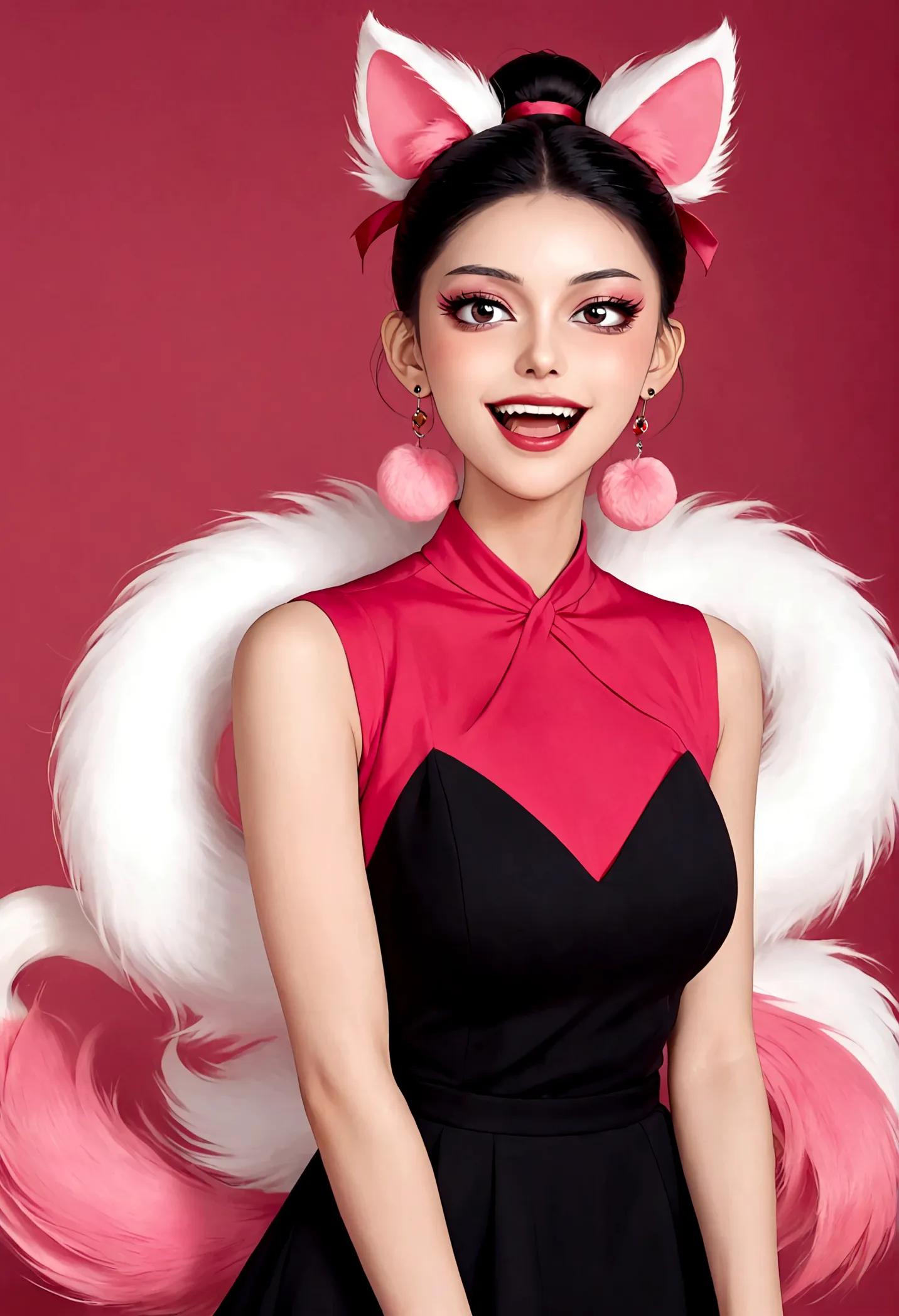 beautiful face，beautiful eyes，pink eyeshadow，laughing out loud，fangs，(((9 big, fluffy tails)))，black high bun，pink pompom earrin...