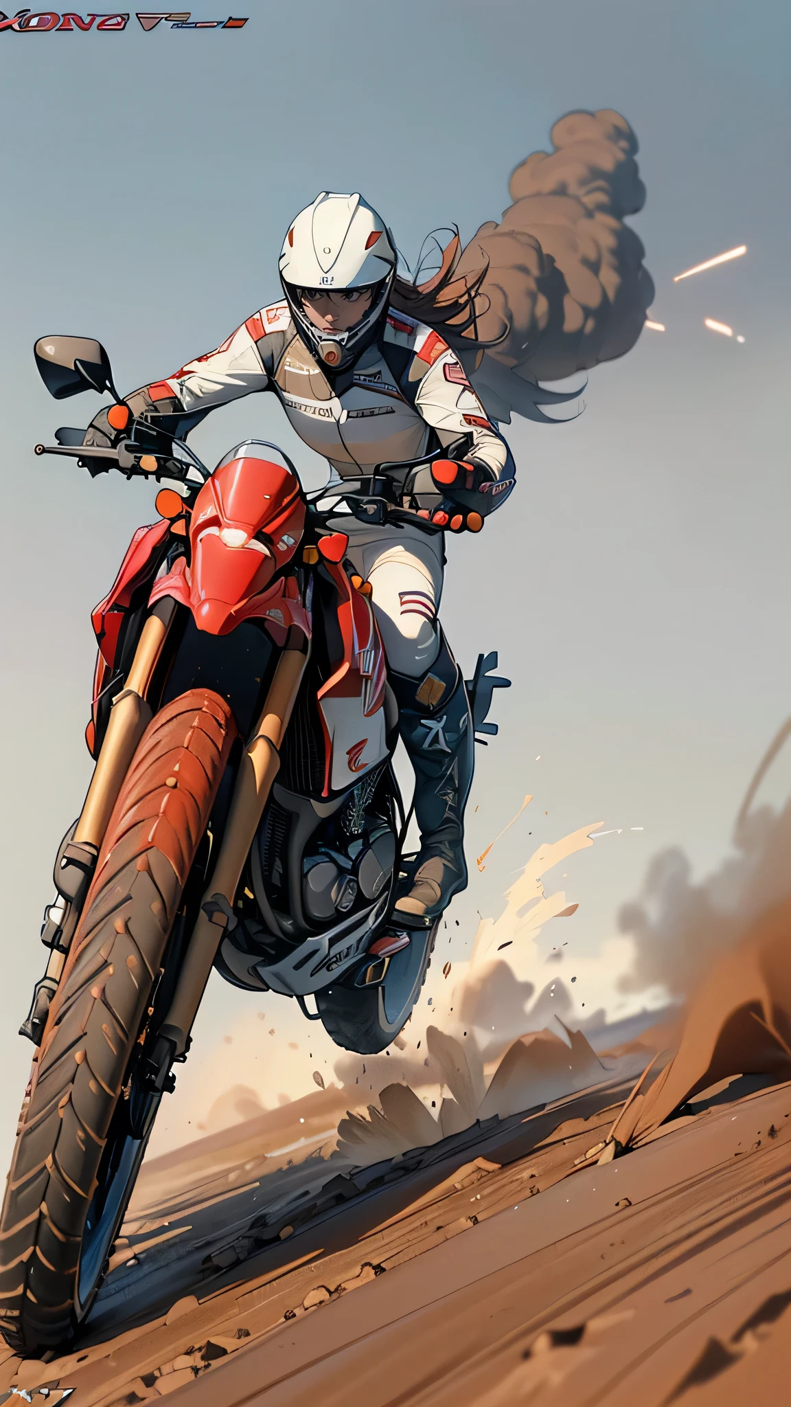 ((1 screen)), Dynamic Angle, (((No logo))), (((riding a large Off-road motorcycle made by the HONDA company XLV750R,red and white:1.8))), Midsummer afternoon, ((The Sunshine, hot,Sweat:1.3)), (((Military pattern high leg bikini:1.5))), break (Baja 1000 Race), (Altitude 3096m,Driving on dirt in Picacho del Diablo)), (((Firmly grasp the left and right handle grips))), break (highest quality,4K,8k,High resolution,masterpiece:1.2),Super detailed,(Realistic,photoRealistic,photo-Realistic:1.37), (perfect anatomy), (Perfect ratio of fingers to thumb), (Symmetrical face), break (Beautiful young woman rider(Simple Helmet, Gloves,boots:1.5)), break (8 heads,Beautiful body line), (Medium breast,Beautiful valley), (Flat stomach), (Small waist), (Beautiful big ass), break ((Expressing a sense of speed:1.5)), ((Expressing the feeling of sprinting)), (((Sprint,walking fast,Explosive,Pleasure))), (Driving on dirt) (((Flying sand and intense dust))), break (((A smile comes to mind))), (((I&#39;m so happy I can&#39;t help but laugh))), (((Here we go!!How about it!!))) break ((HONDA XLV750R: Car height,High seat height,Big body)) break