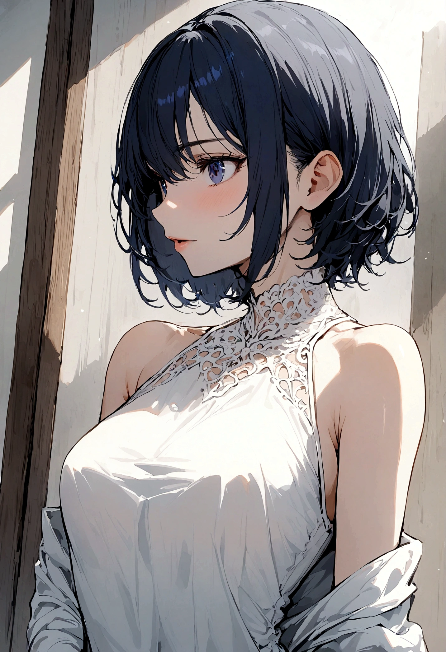 perfect face, 1 girl, short hair, dark blue, mature girl, smal breast, white shirt 