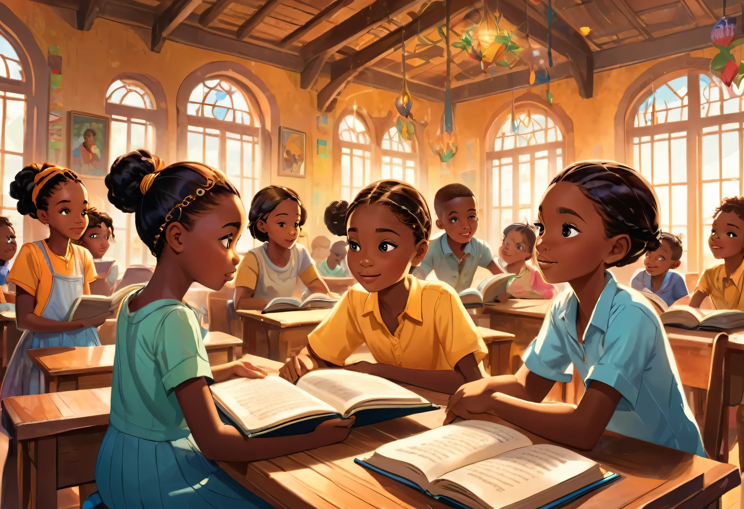 Deux filles et trois garçons de , (africain) reading a book in a beautiful Salle de classe (chef-d&#39;œuvre de la meilleure qualité:1.2) illustration délicate ultra détaillée,  (événement lié à Disney) intérieur, (Salle de classe),  contexte détaillé, illustrations, brillant, coloré, 