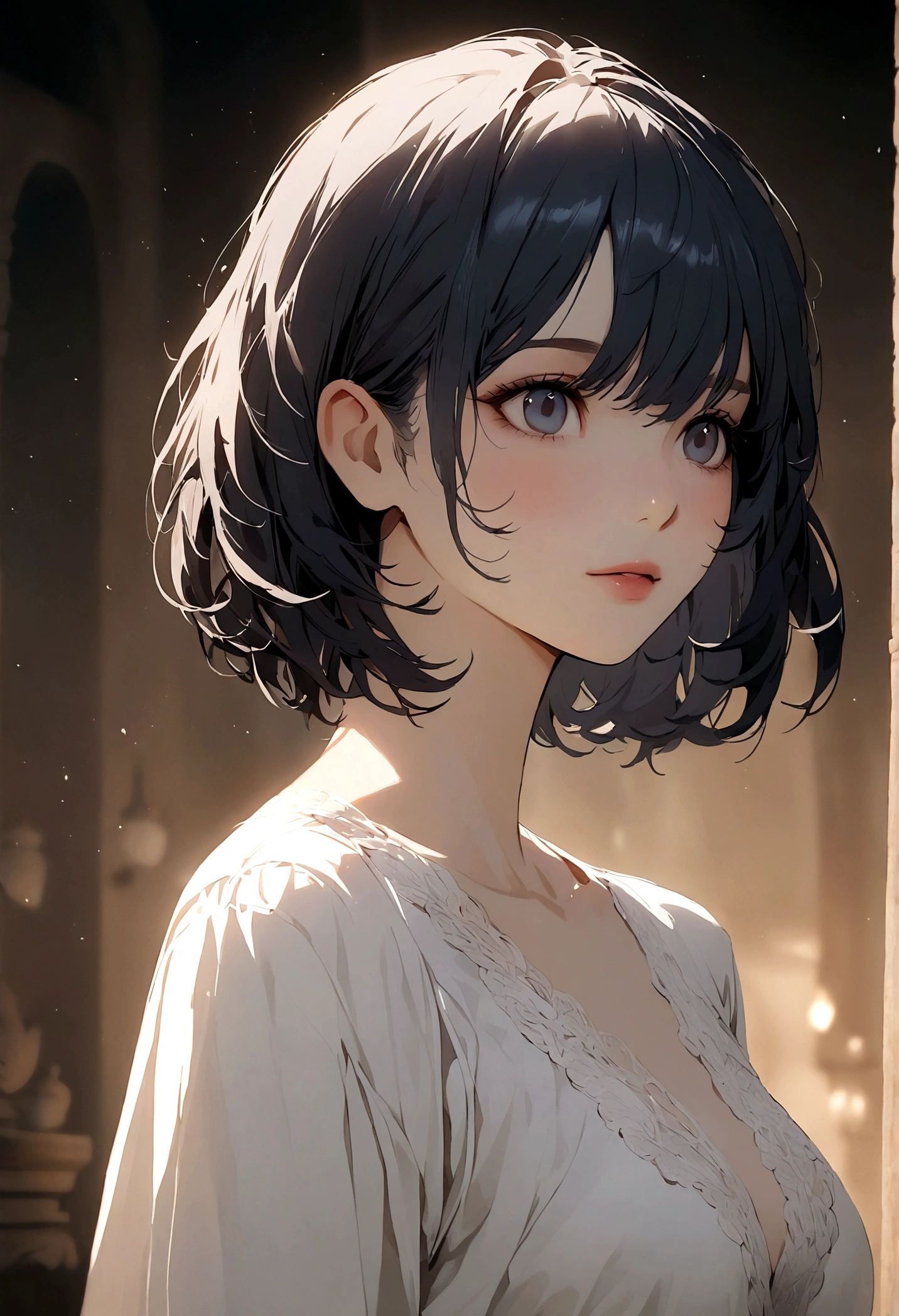 perfect face, 1 girl, short hair, dark blue, mature girl, smal breast, white shirt 