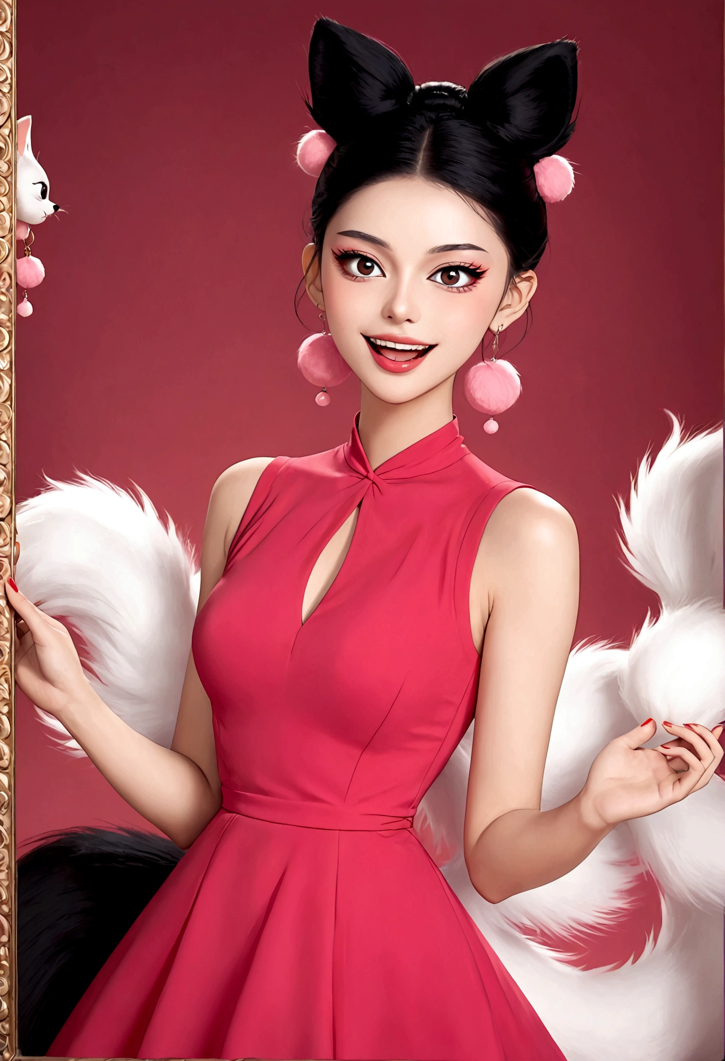 Beautiful face，beautiful eyes，Pink Eyeshadow，laughing out loud，Fangs，(((9 fluffy tails behind)))，Black high bun，Pink pompom earrings，Sexy red sleeveless dress