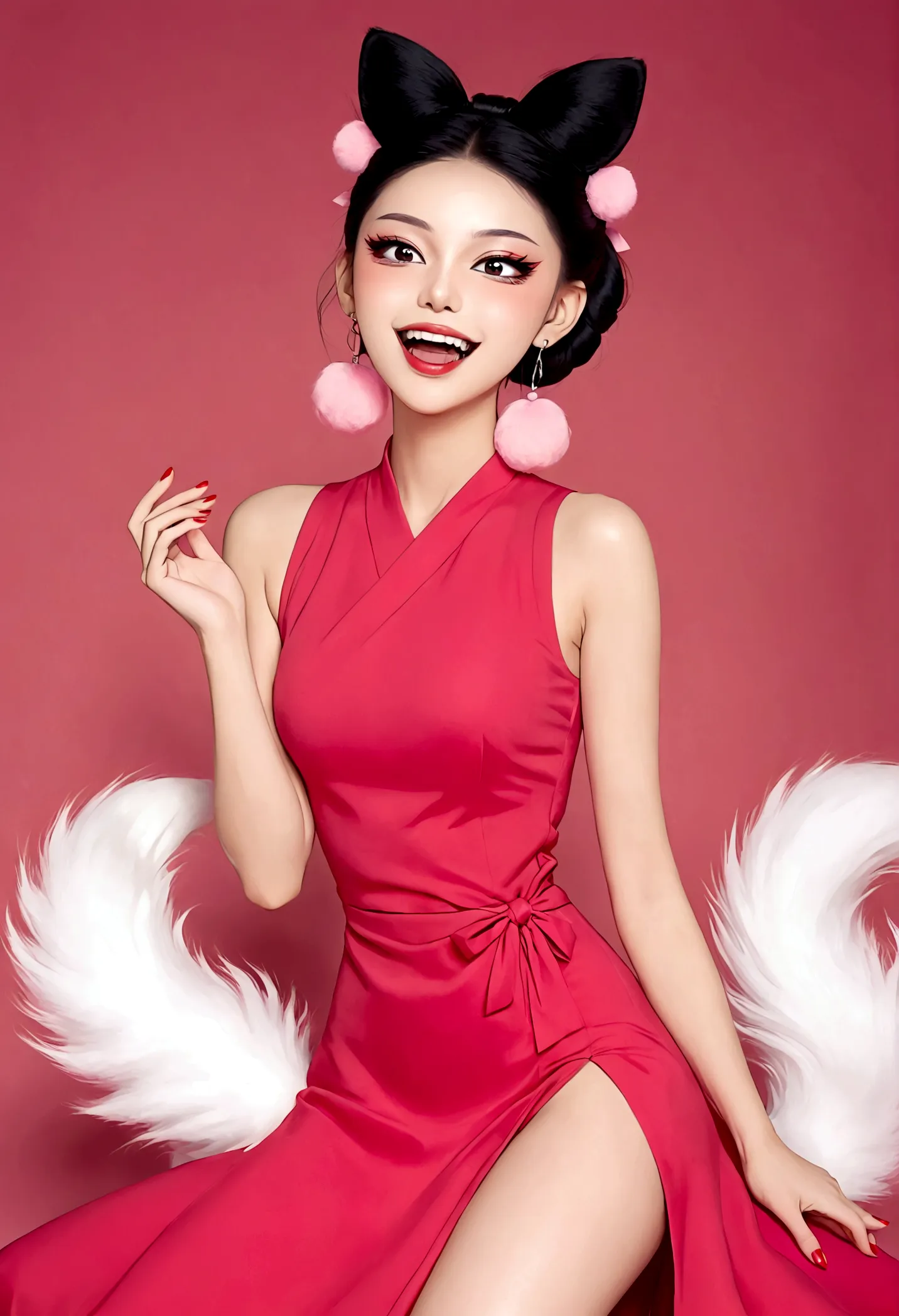 《daji》beautiful face，beautiful eyes，pink eyeshadow，laughing out loud，fangs，(((9 big, fluffy tails)))，black high bun，pink pompom ...