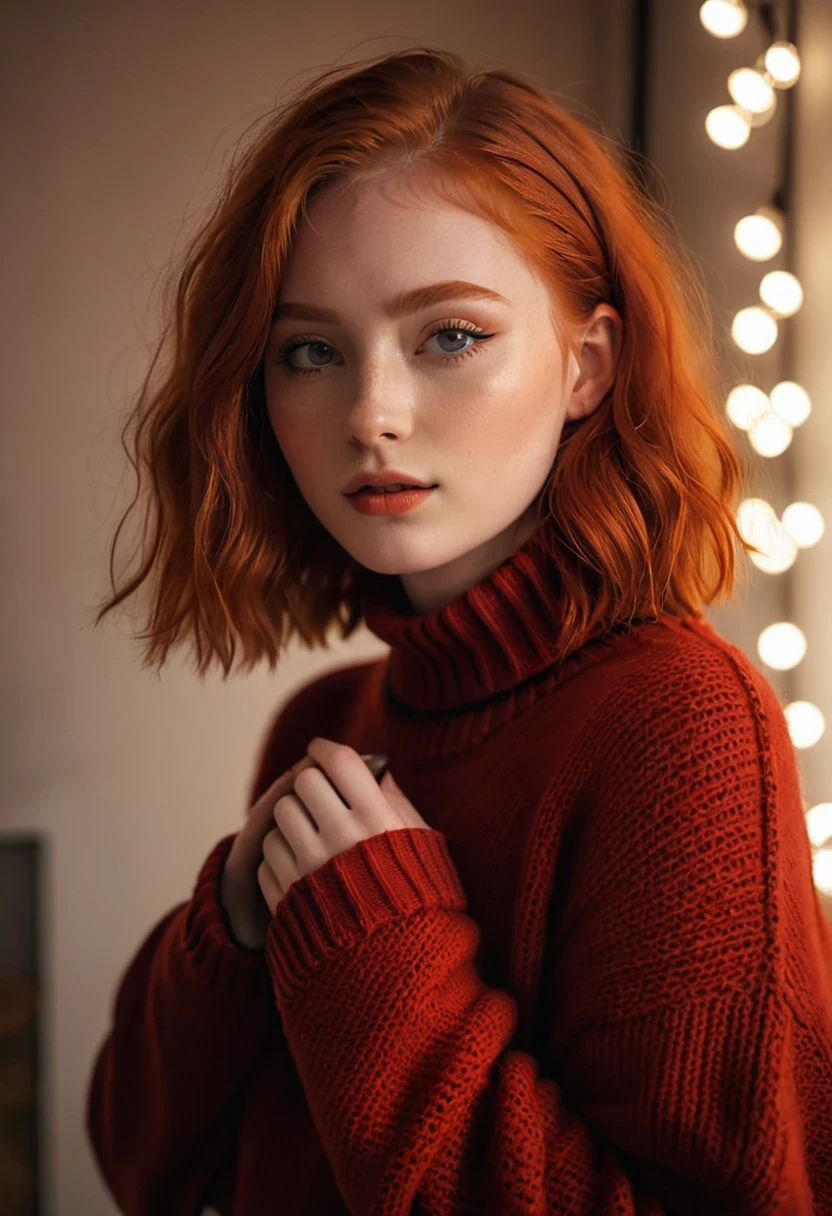 raw photo, (18yo redhead girl:1.2), makeup, graphic eyeliner, rouge, (choker:0.9), realistic skin texture, oversize knit sweater, (red:0.8), softcore, warm lighting, cosy atmosphere, instagram style, high quality dslr snapshot, high definition film grain photo taken at f/16, ISO 100, with a 200mm lens, global illumination, fibonacci