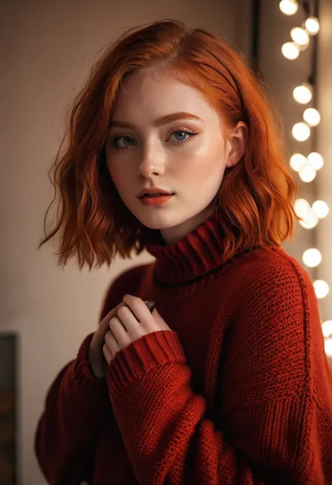 raw photo, (18yo redhead girl:1.2), makeup, graphic eyeliner, rouge, (choker:0.9), realistic skin texture, oversize knit sweater...