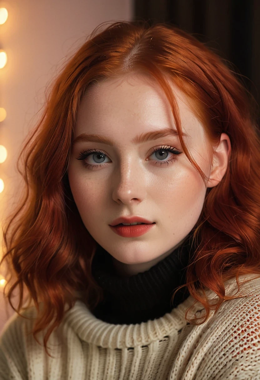 raw photo, (18yo redhead girl:1.2), makeup, graphic eyeliner, rouge, (choker:0.9), realistic skin texture, oversize knit sweater, (red:0.8), softcore, warm lighting, cosy atmosphere, instagram style, high quality dslr snapshot, high definition film grain photo taken at f/16, ISO 100, with a 200mm lens, global illumination, fibonacci