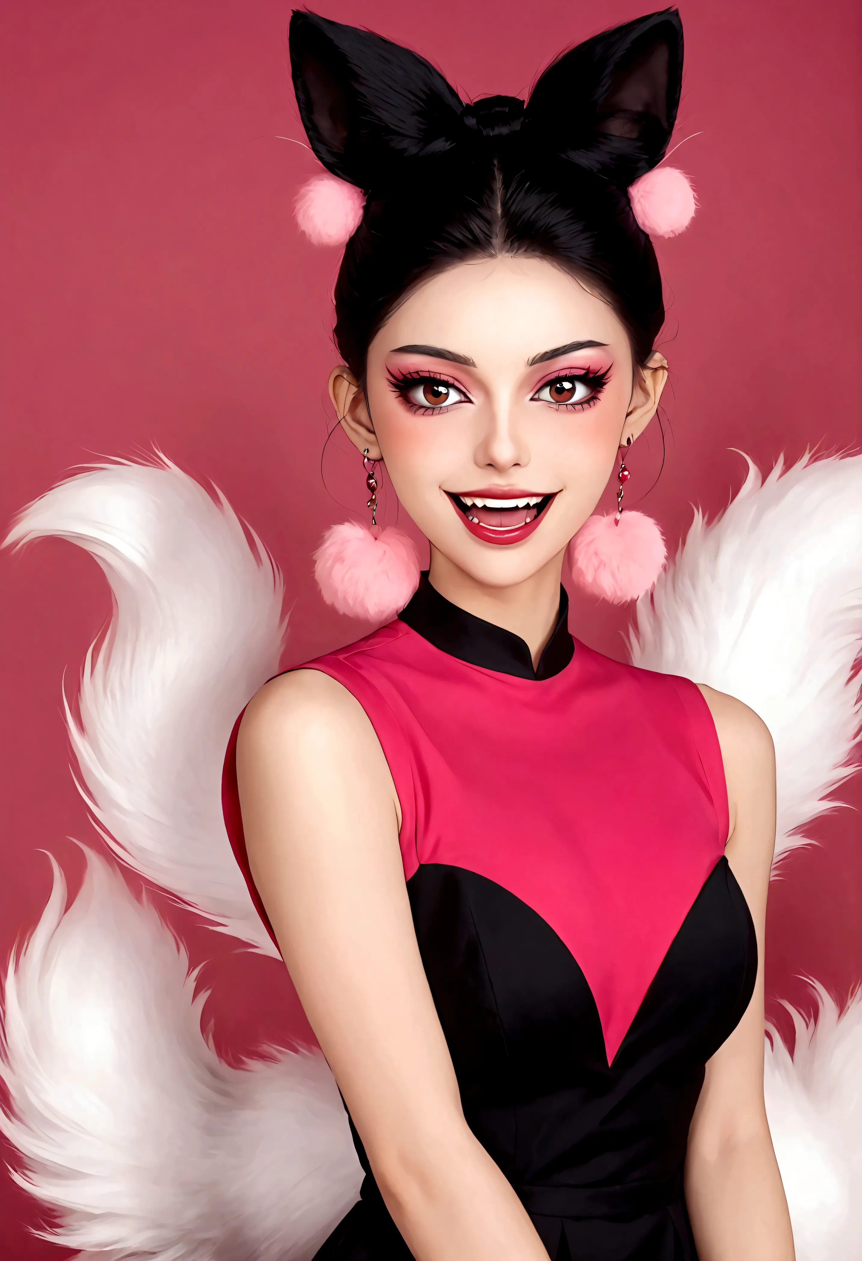 beautiful face，beautiful eyes，pink eyeshadow，laughing out loud，fangs，(((9 big, fluffy tails)))，black high bun，pink pompom earrin...