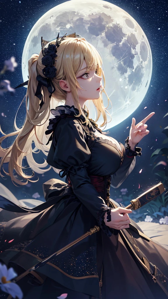 masterpiece, high quality, 4K, Beautiful design, silhouette，blonde， 非常に詳細な夜のStarry Sky,Flower Field， wonderful, Finer details,  Very knowledgeable woman, Highly detailed solo, 1 female,Big Breasts，Gothic Lolita Fashion，Night view，Starry Sky，full moon，