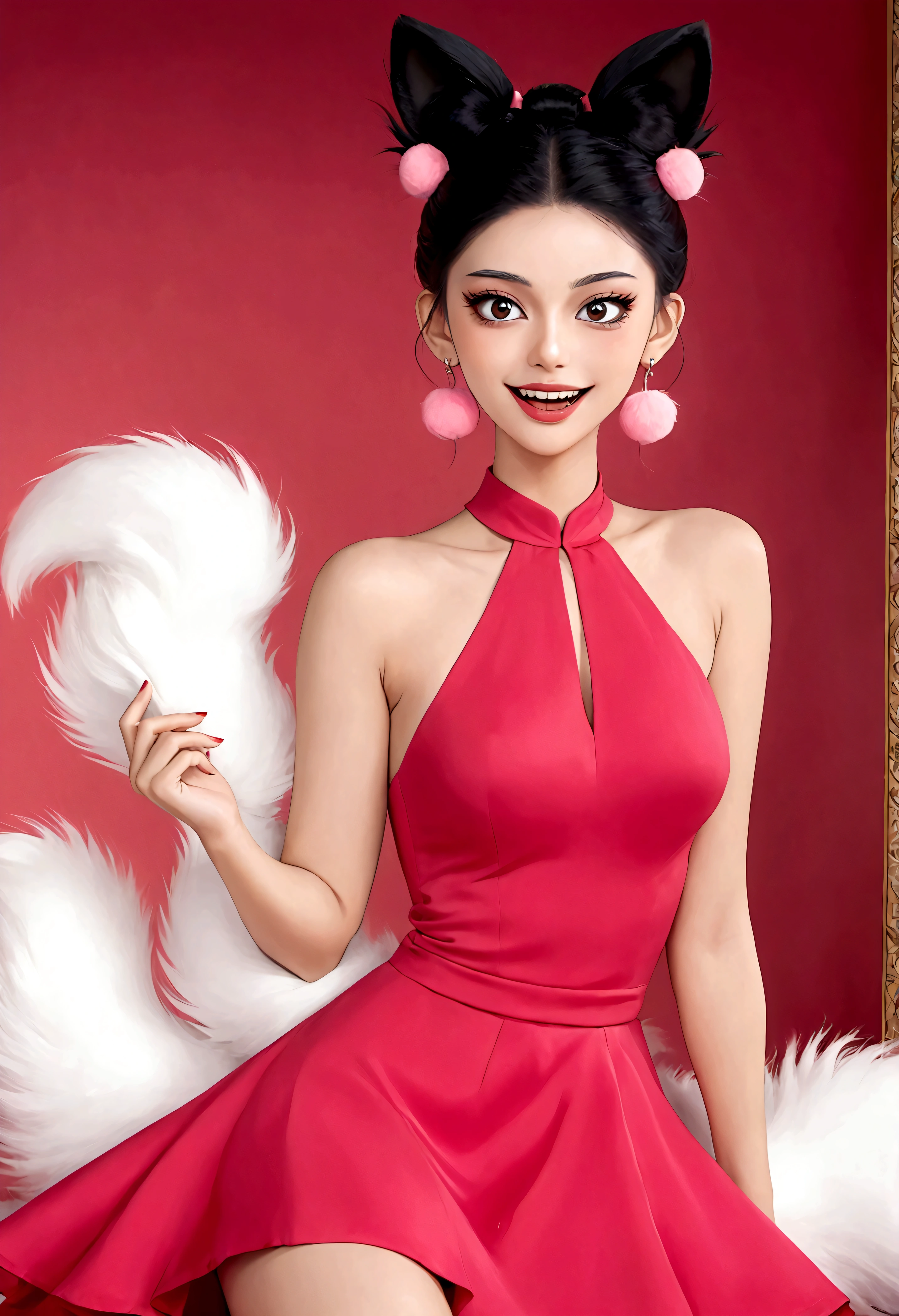 Beautiful face，beautiful eyes，Pink Eyeshadow，laughing out loud，Fangs，(((9 fluffy tails behind)))，Black high bun，Pink pompom earrings，Sexy red sleeveless dress