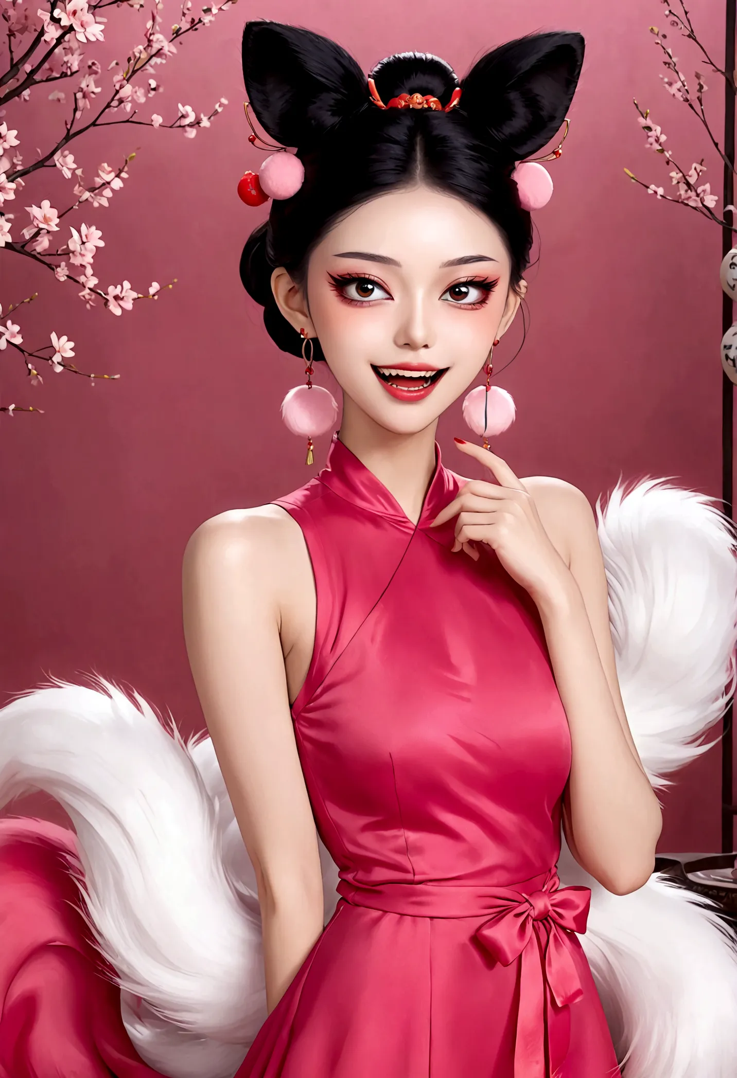 《daji》beautiful face，beautiful eyes，pink eyeshadow，laughing out loud，fangs，(((9 big, fluffy tails)))，black high bun，pink pompom ...