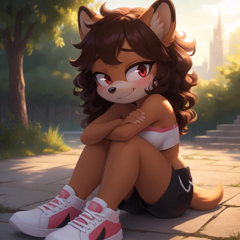 mobian, hedgehog, two-tone fur ((orange fur, brown fur)), pyjama elastic shorts, strapless crop top, cleavage, high-top sneakers, two-tone hair (brown hair, black tip)), curly hair, halo, sunglasses, jewelry, red eyes, longeyelashes, red eyes, smile, shy, blush, high detail, masterpiece, UHD, anatomically correct, super detail, highres, 4K