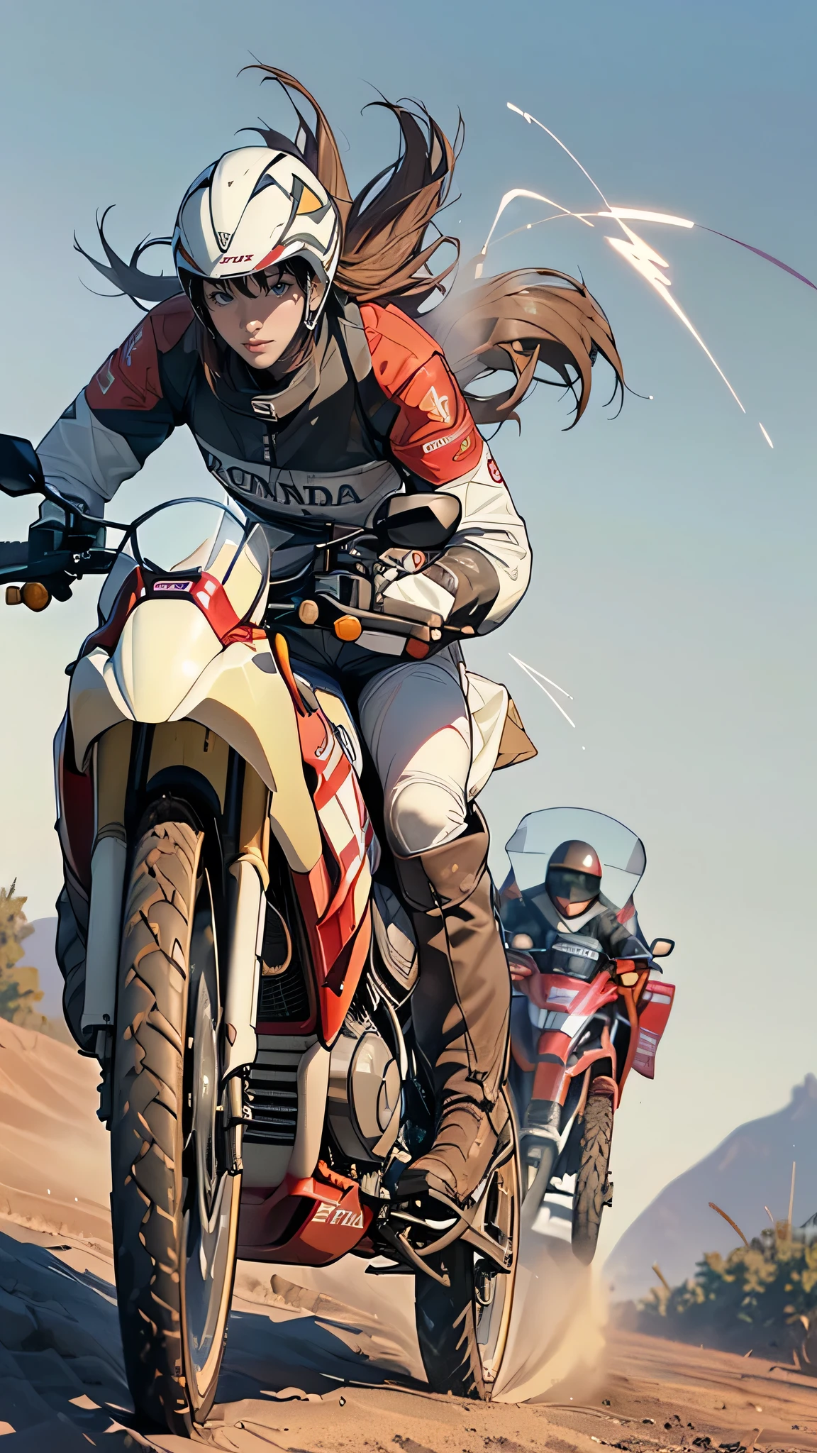 ((1 screen)), Dynamic Angle, (((No logo))), (((riding a large Off-road motorcycle made by the HONDA company XLV750R,red and white:1.8))), Midsummer afternoon, ((The Sunshine, hot,Sweat:1.3)), (((Military pattern high leg bikini:1.5))), break (Baja 1000 Race), (Altitude 3096m,Driving on dirt in Picacho del Diablo)), (((Firmly grasp the left and right handle grips))), break (leg spread), break (highest quality,4K,8k,High resolution,masterpiece:1.2),Super detailed,(Realistic,photoRealistic,photo-Realistic:1.37), (perfect anatomy), (Perfect ratio of fingers to thumb), (Symmetrical face), break (Beautiful young woman rider(Simple Helmet, Gloves,boots:1.5)), break (8 heads,Beautiful body line), (Medium breast,Beautiful valley), (Flat stomach), (Small waist), (Beautiful big ass), break ((Expressing a sense of speed:1.5)), ((Expressing the feeling of sprinting)), (((Sprint,walking fast,Explosive,Pleasure))), (Driving on dirt) (((Flying sand and intense dust))), break (((A smile comes to mind))), (((I&#39;m so happy I can&#39;t help but laugh))), (((Here we go!!How about it!!))) break ((HONDA XLV750R: Car height,High seat height,Big body)) break