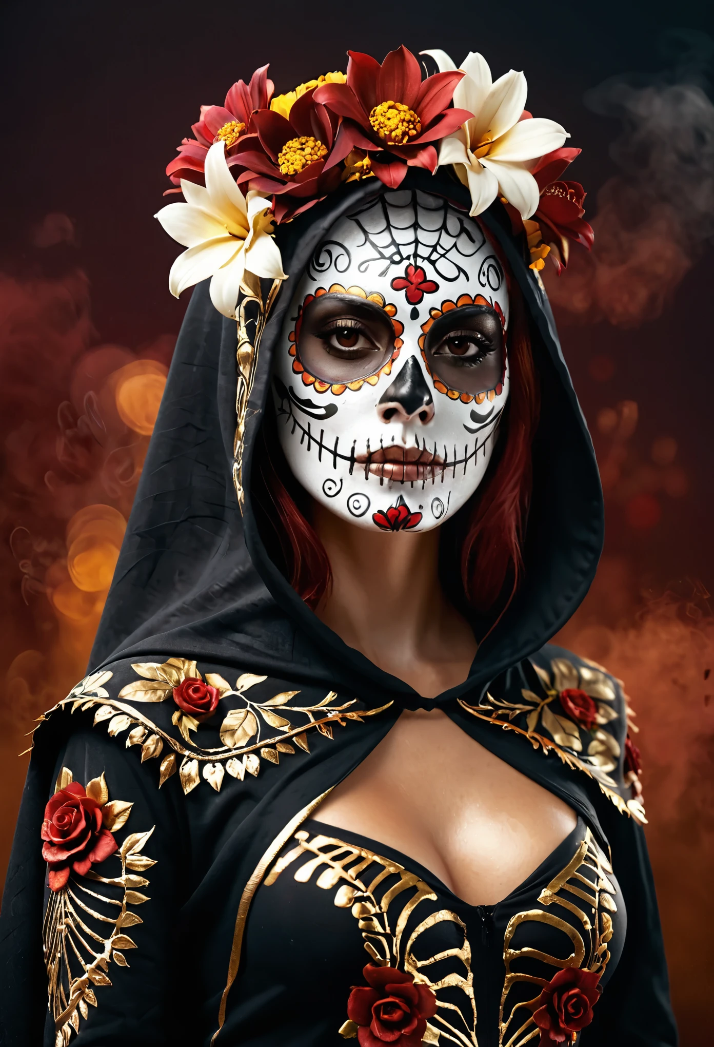 woman dressed sugar skull costume flowers, amazing octane render, thick dust red tones, wearing golden halo, saint woman, white skeleton face, wearing dark hood, hyperrealistic concept art, flower,