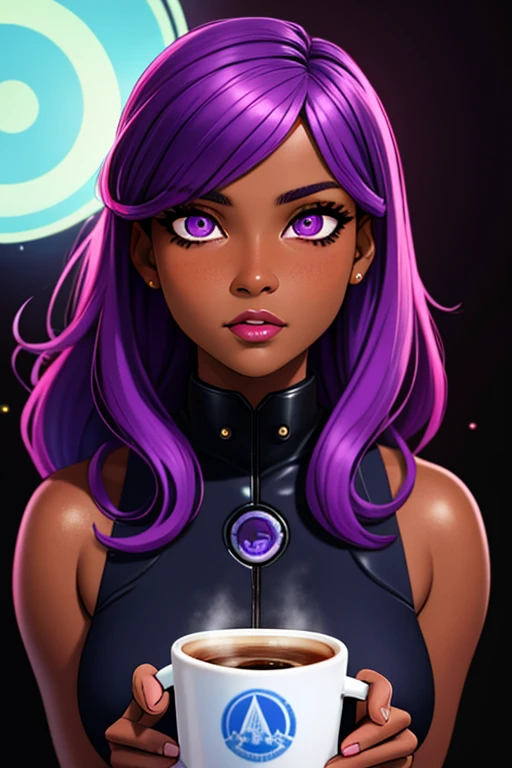 (best quality:1.3), (4K quality),masterpiece, best quality, high res, detailed, (Detailed face:1.2), (Detailed eyes:1.2), solo, 1girl, 25 year old woman, Futuristic Girl, Dark Skin, Purple eyes, space, Purple Hair, Blue Hair, Pink Hair, Long Hair, Dark Skin, Futuristic Coffee Shop, style artgerm, extremely detailed artgerm,