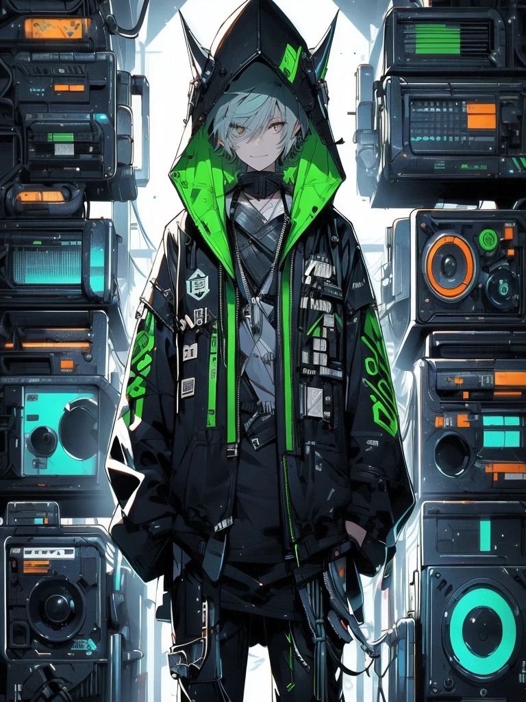 redraw this suit in high quality, detailed photo style on a white background,ouka_niji 5 girl beautiful inspired charlie bowater character cyberpunk- desenho no estilo de Mike Deotado, Androgynous niji 6 , man crazy smile, jacket, holding a neon black e blue, cube sticking --ar 9:16 --v 6.0, Ouka_Niji 5