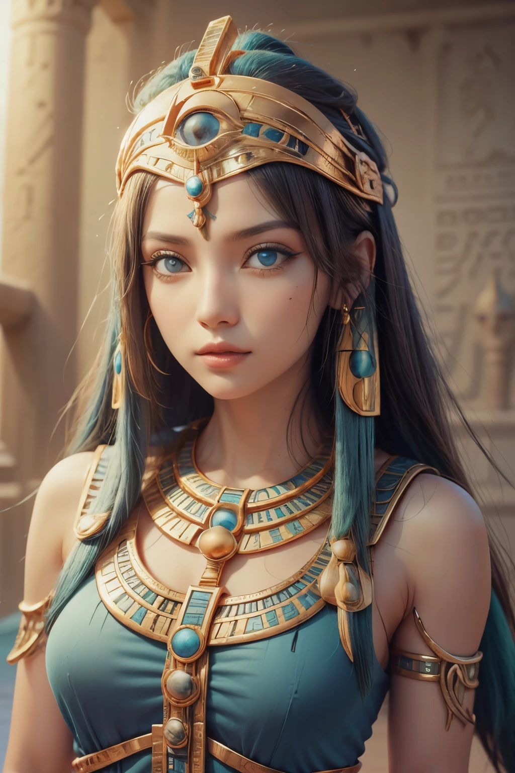 Diosa egipcia que lleva el Ojo de Horus como accesorio en su ojo derecho