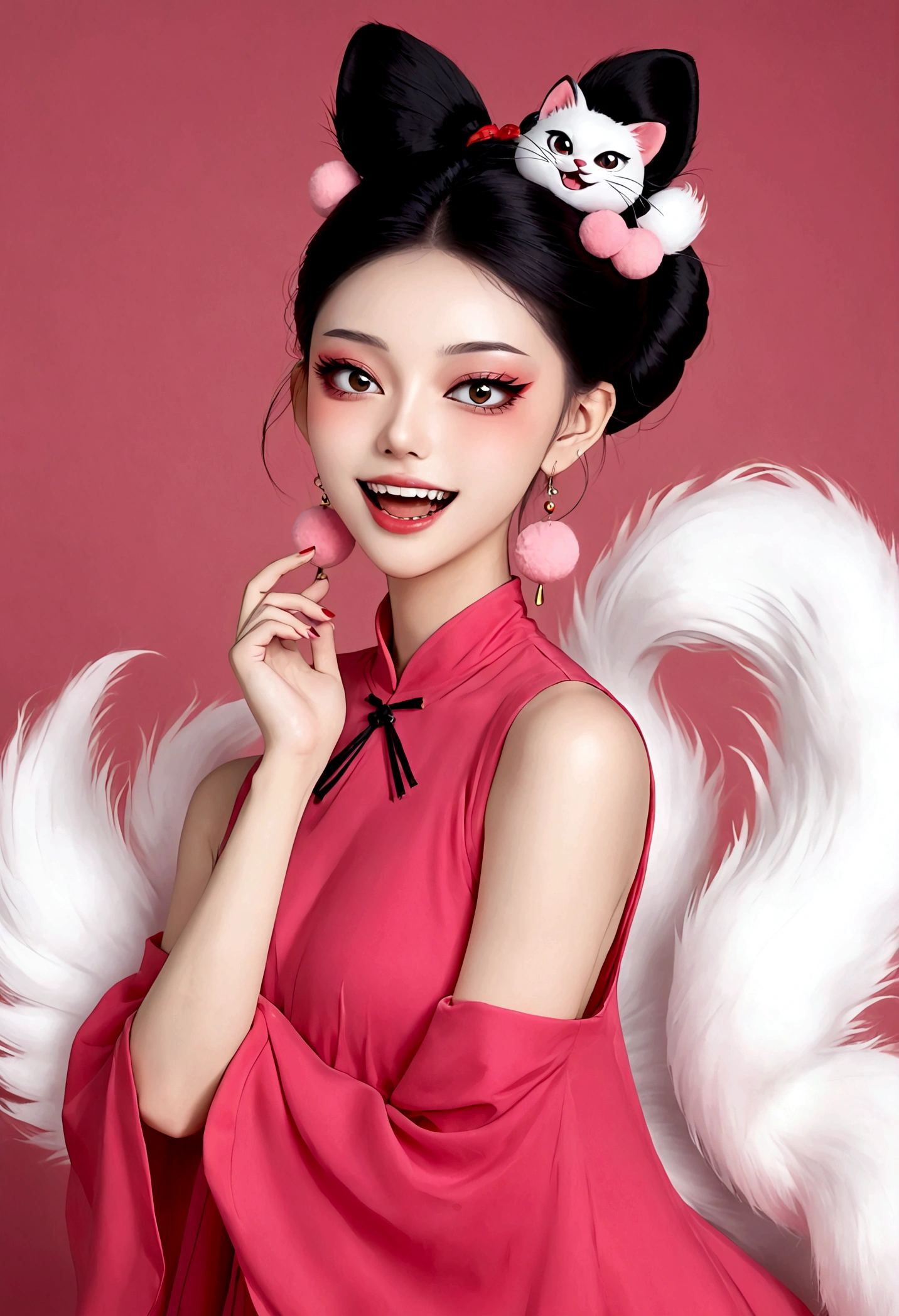 《Daji》Beautiful face，beautiful eyes，Pink Eyeshadow，laughing out loud，Fangs，(((1 big, fluffy tail)))，Black high bun，Pink pompom earrings，Sexy red sleeveless Chinese dress，