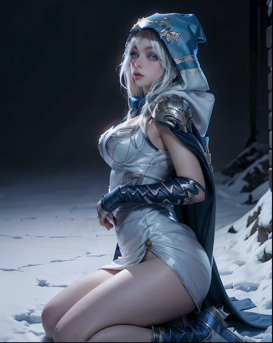 ashe \(league of legends\), (1girl), (solo), (Full body photo), (low angle shot), (masterpiece:1.0), (best quality:1.4), (ultra highres:1.2), (photorealistic:1.4), 8k resolution, absurdres, ultra detailed, sharp focus, (low light: 1.4), photorealistic, Beautiful face with symmetry, Gradient Eyes, Intense crystal light blue eyes, Intense highlighting of the eyes, Slightly bigger eyes, Double eyelids, lipgloss, (Perfect Slim Body), big ass, thick thighs, big breasts, (White hair), Blue dress with hood and cape, ((Holding a blue bow)), place with lots of snow and snowy mountains
