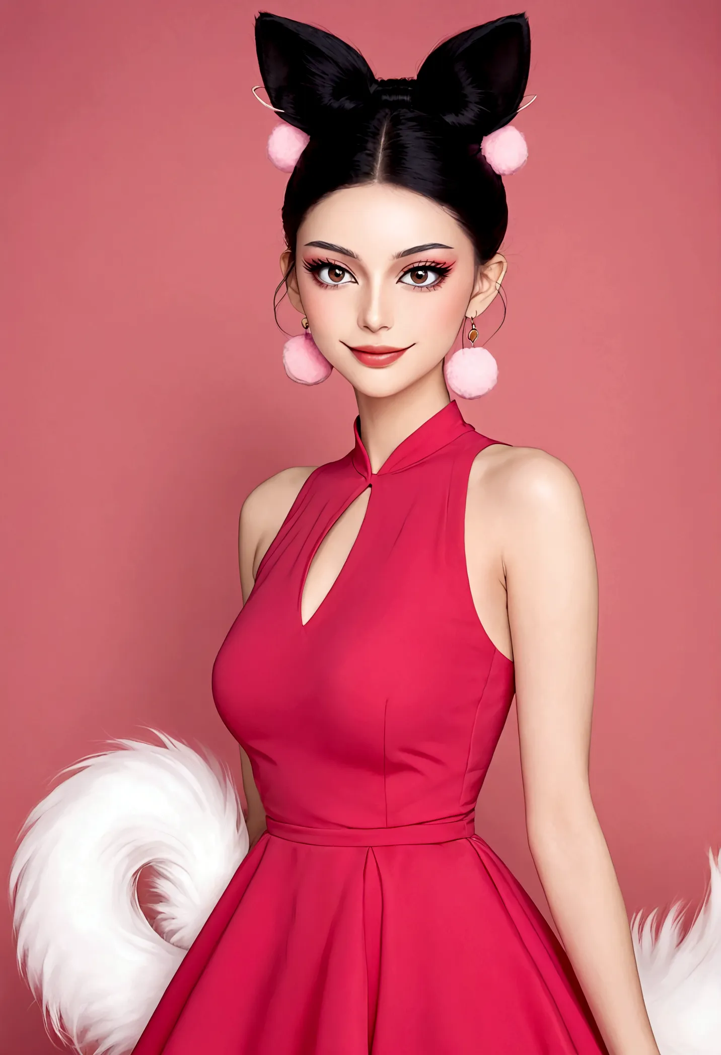 beautiful face，beautiful eyes，pink eyeshadow，smile，blush，(((9 big, fluffy tails)))，black high bun，pink pompom earrings，sexy red ...