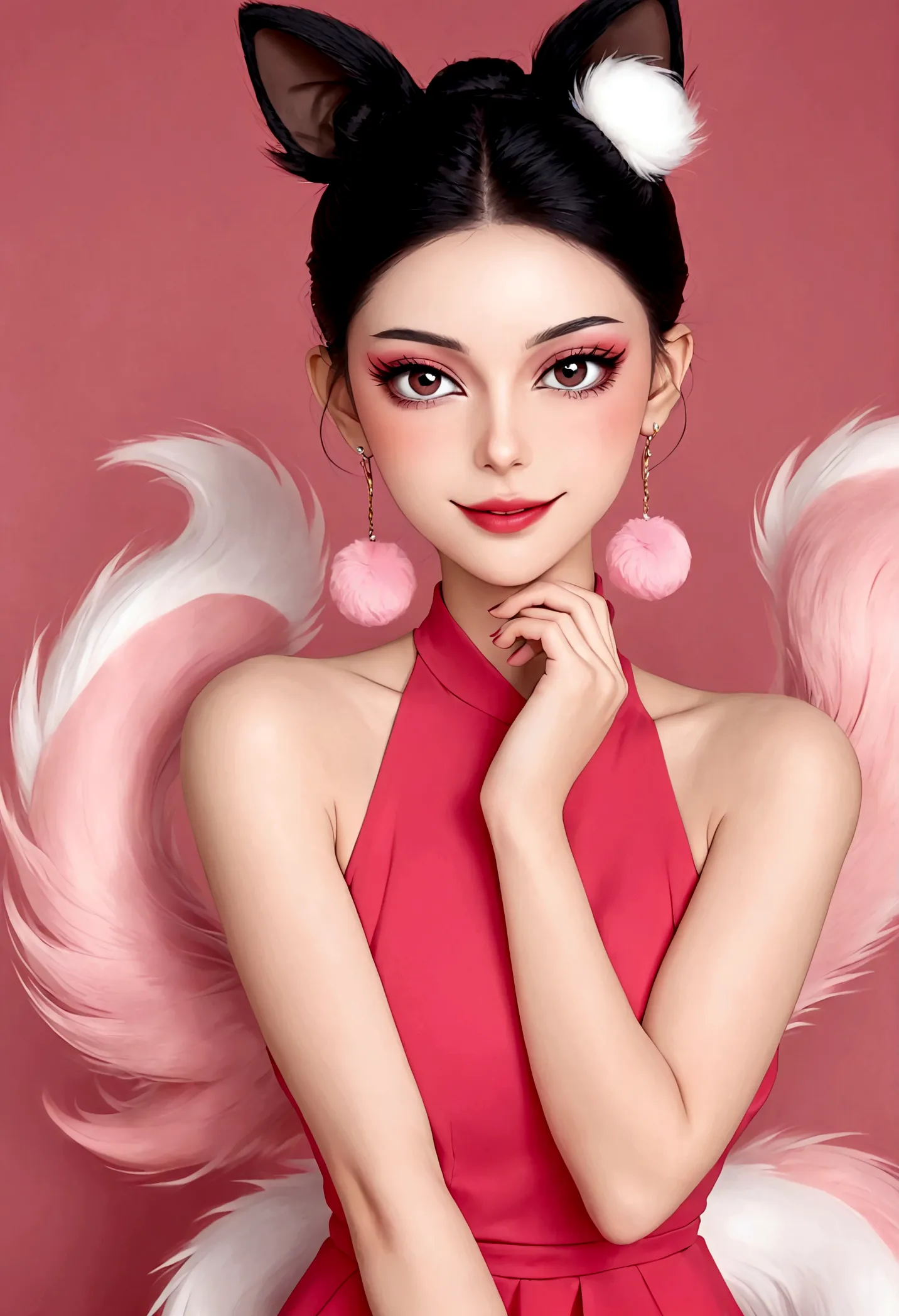 beautiful face，beautiful eyes，pink eyeshadow，smile，blush，(((9 big, fluffy tails)))，black high bun，pink pompom earrings，sexy red ...