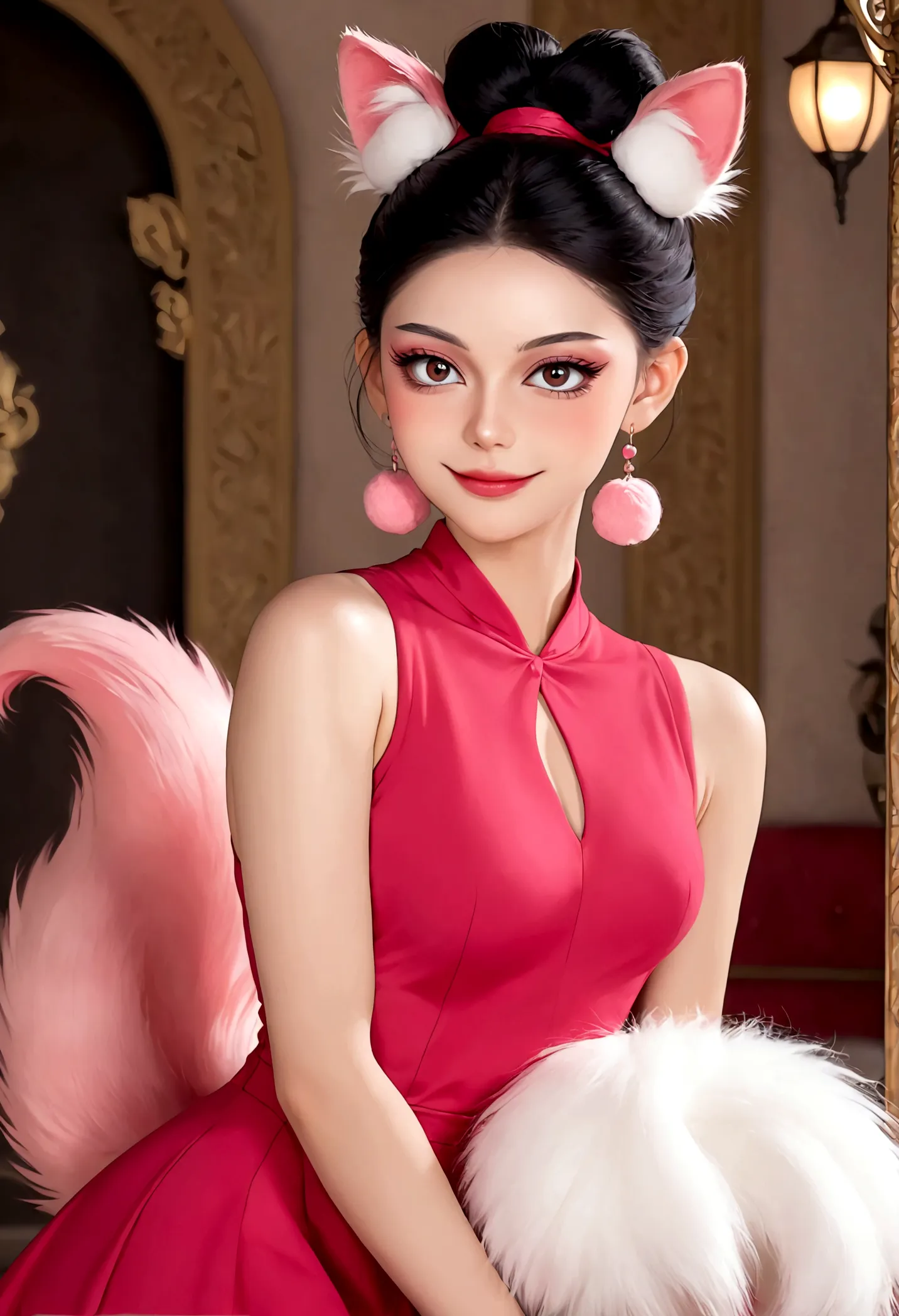 noble and elegant girl，beautiful face，beautiful eyes，pink eyeshadow，blush，smile，(((1 big, fluffy tail)))，black high bun，pink pom...