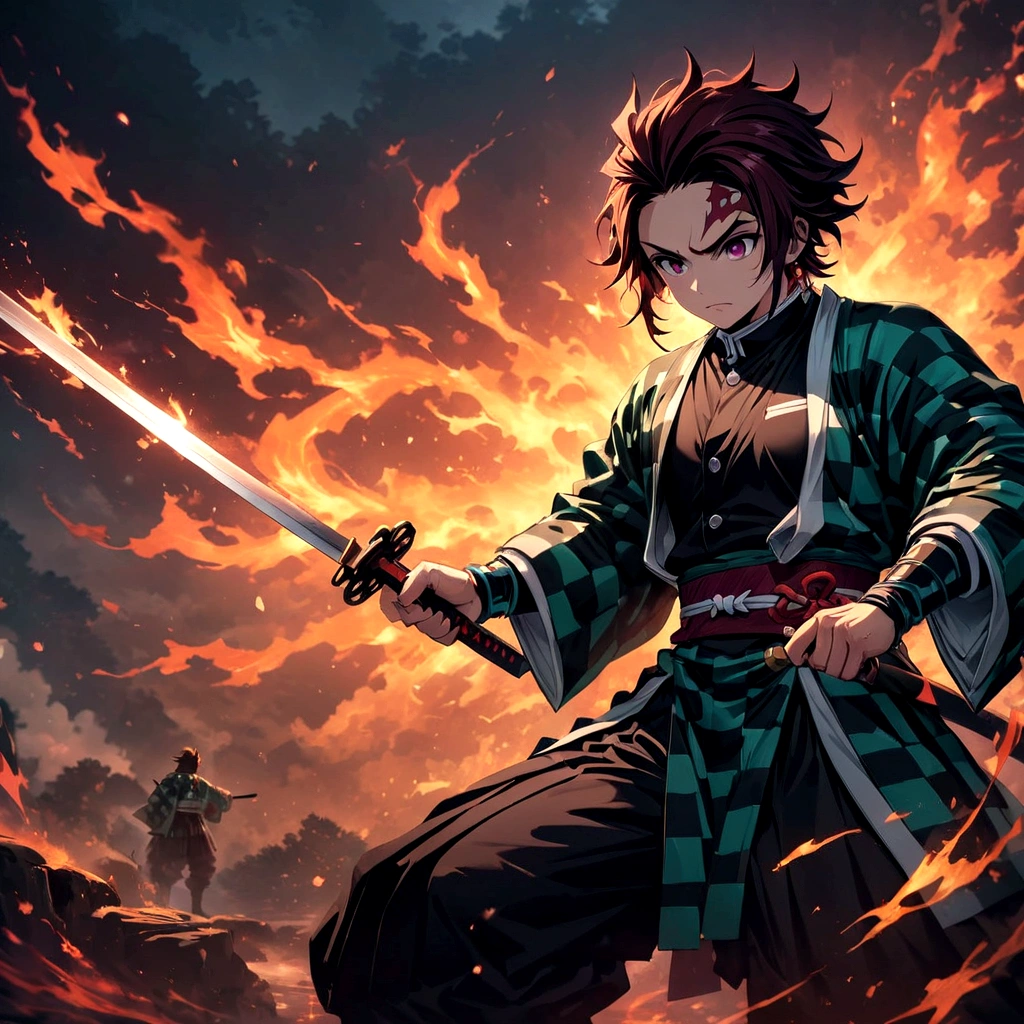 (1 male,Tanjiro Kamado),Demon slayer,Tanjiro Costume,tanjiro has a sword,Water and fire effects,Intricate details,,Decadent,artwork,rendering,Dynamic pose,(masterpiece:1.3),(highest quality:1.4),(Super detailed:1.5),High resolution,Very detailed,unity 8k wallpaper,Dark fantasy,,Glare,Fighting Style,Glare,Desperate form,BREAK,The sword is a Japanese sword,Japanese swords are straight and have a metallic luster..,Please hold the handle of the Japanese sword