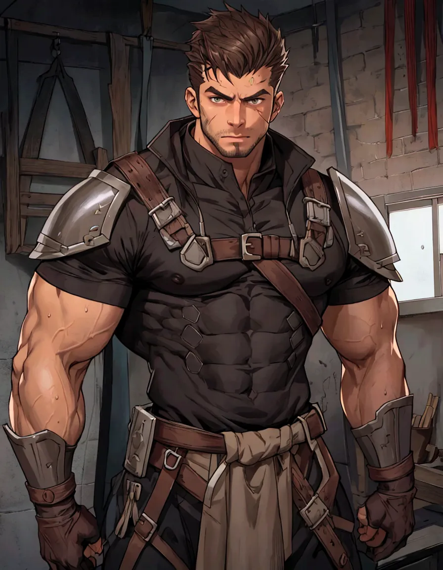 solo,scar,blacksmith，With a hammere，at work，sweat,A man in a shirt stands in the room, muscular! muscular male hero, muscular!! ...